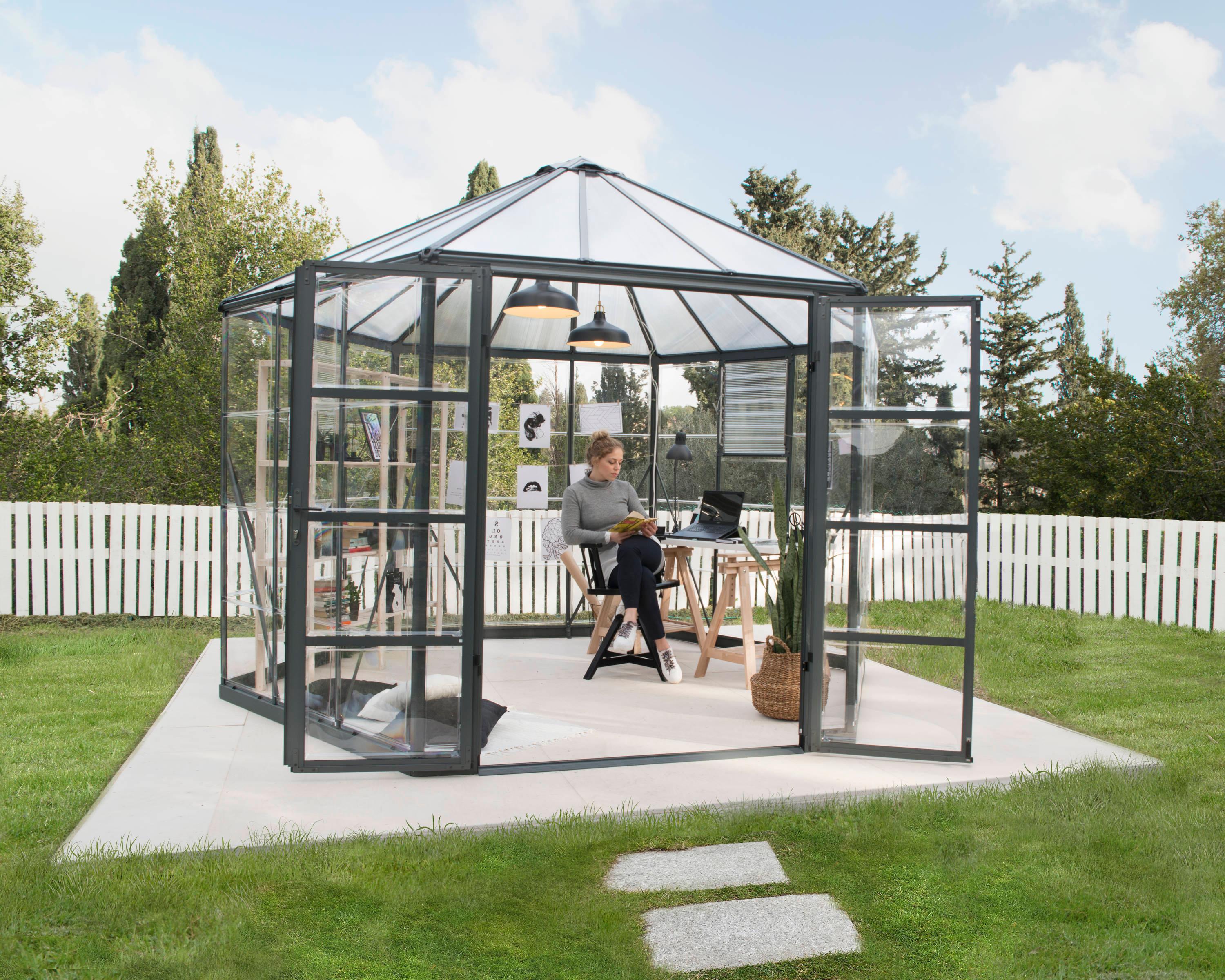 Canopia Palram - Canopia Oasis 12' x 10' Hexagonal Walk-In Hobby Polycarbonate Aluminum Frame Greenhouse Outdoor Living Structure - Gray