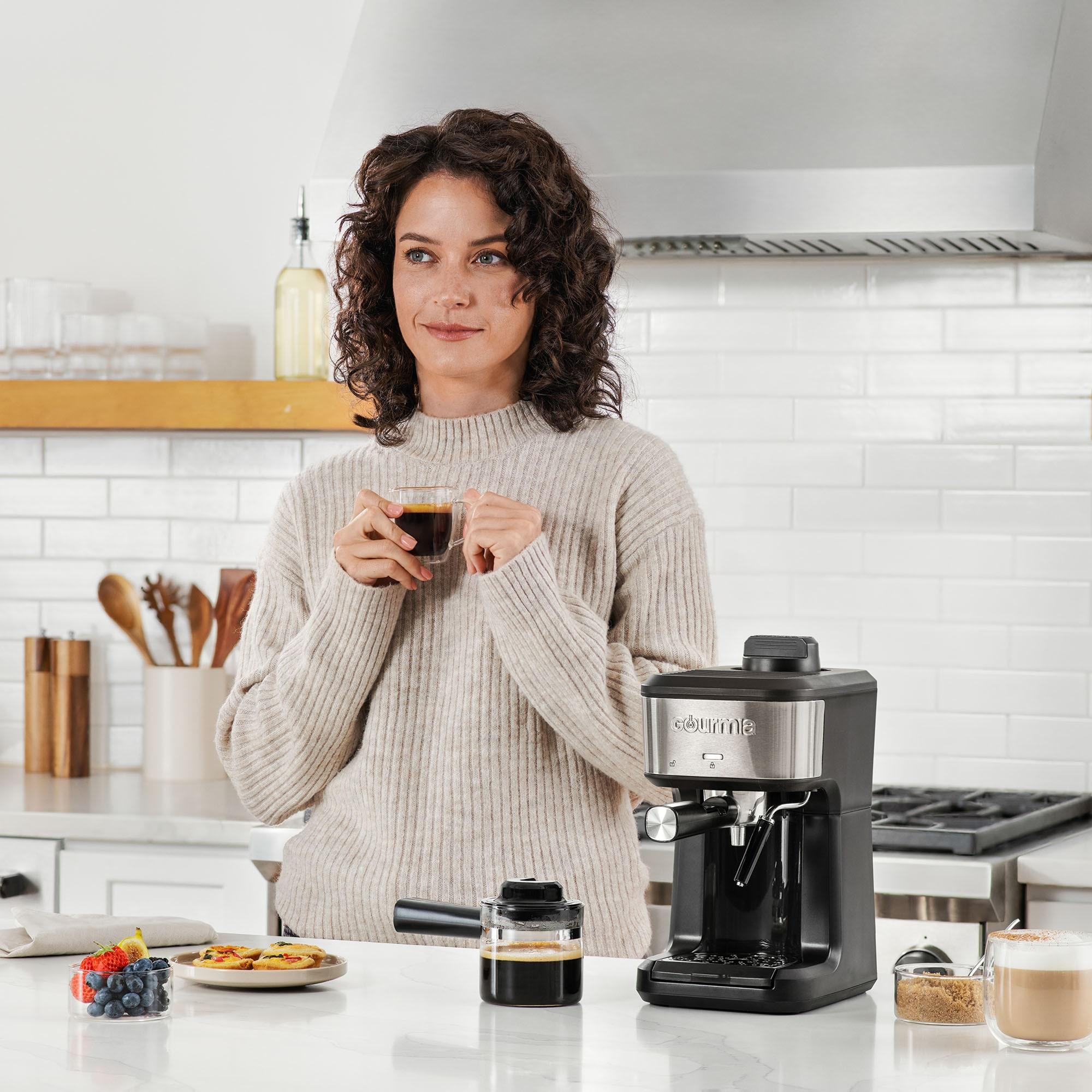 Gourmia 4-Shot Steam Espresso, Cappuccino, and Latte Maker with Frothing Wand: 1.5L Capacity, 1500W Electric