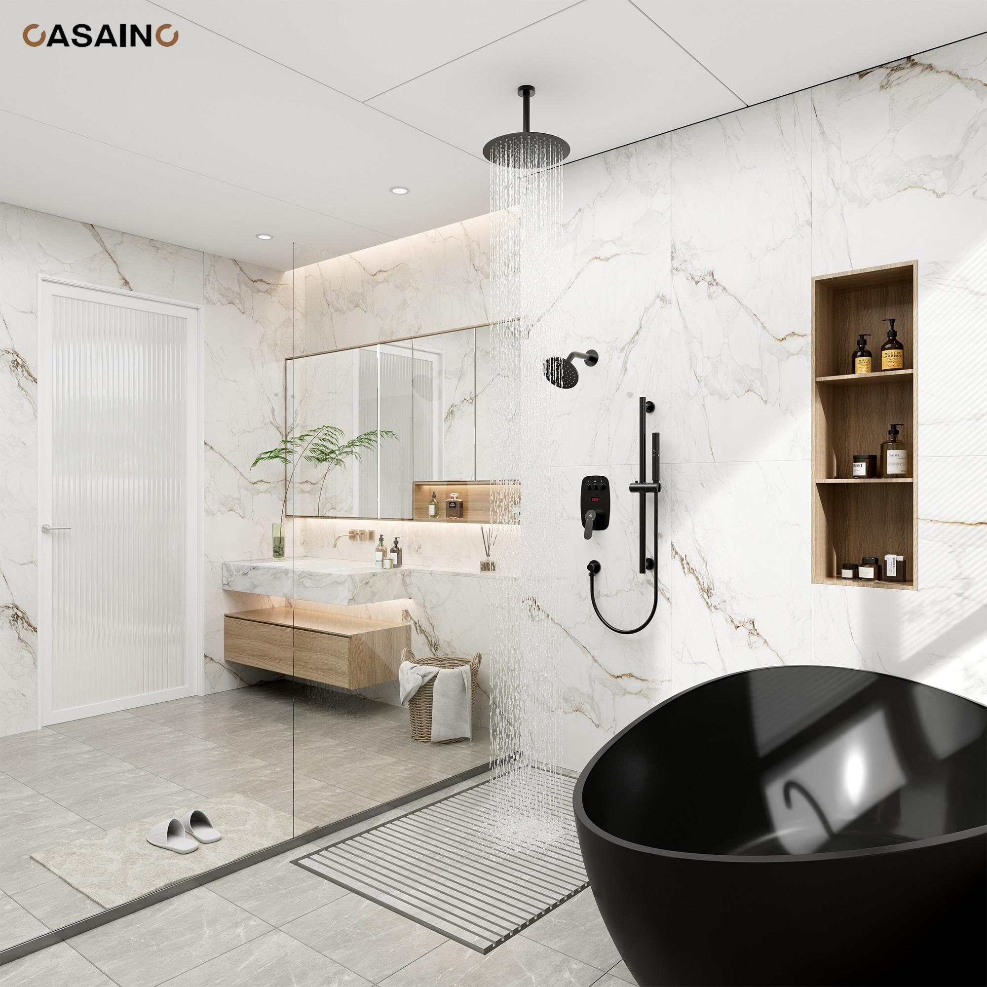 Rainfall Symphony 12inch Dual Showerhead Temperature Display Shower System with 2 in 1 Slider Bar Shower Handheld