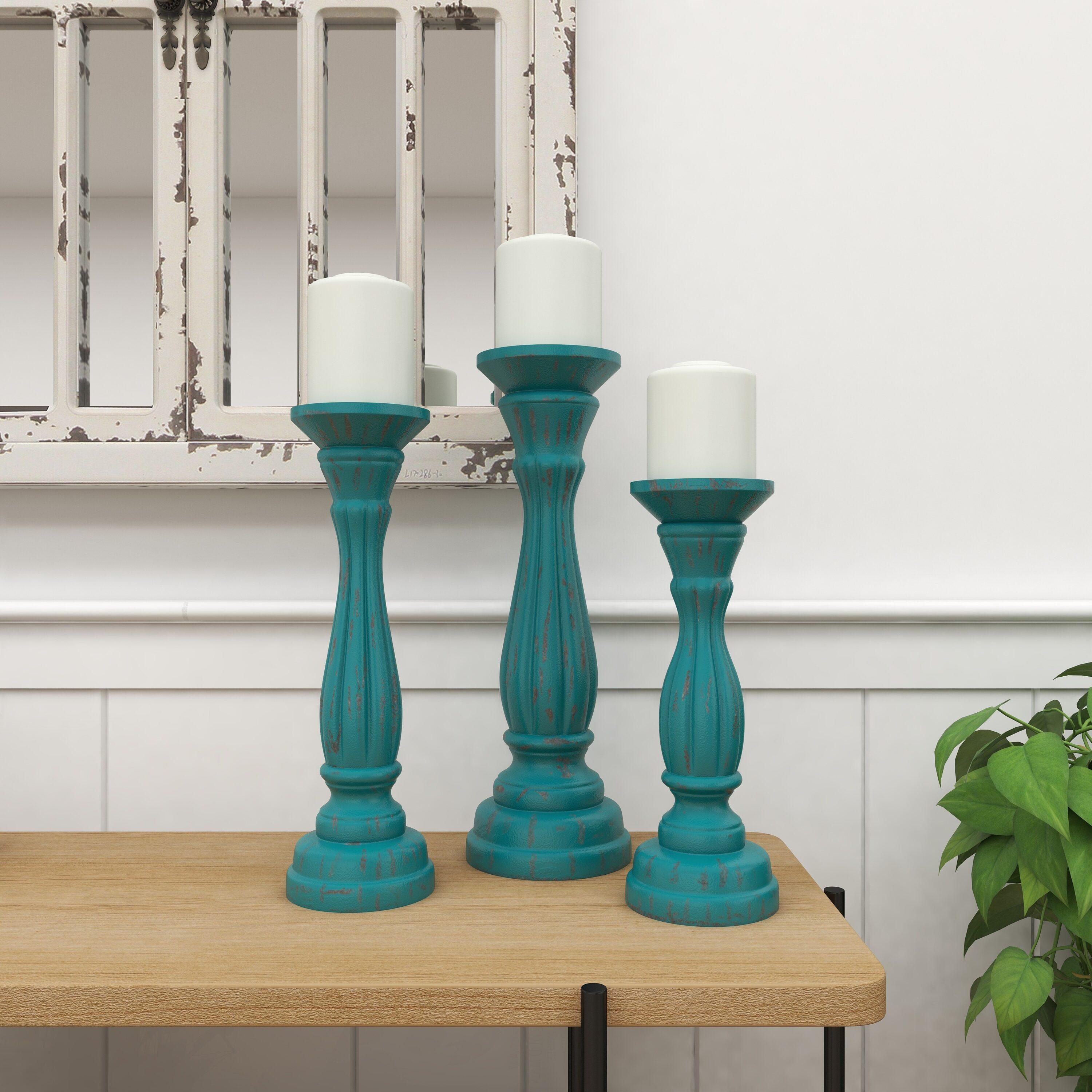DecMode 3 Candle Blue Wooden Distressed Turned Pillar Candle Holder, Set of 3