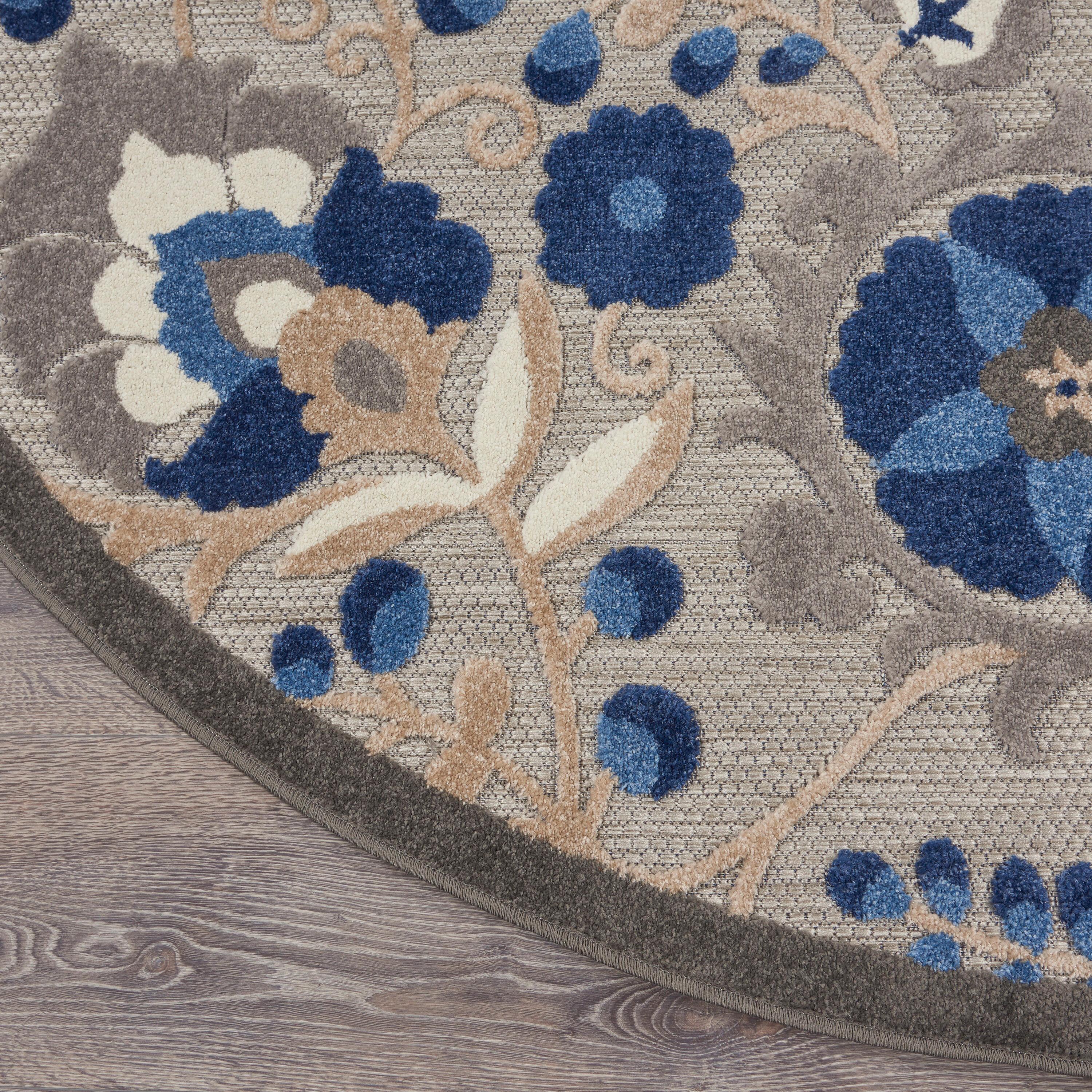 Nourison Aloha Floral Textured Flatweave High-Low Indoor Outdoor Round Rug Natural/Blue 5'3" x 5'3"