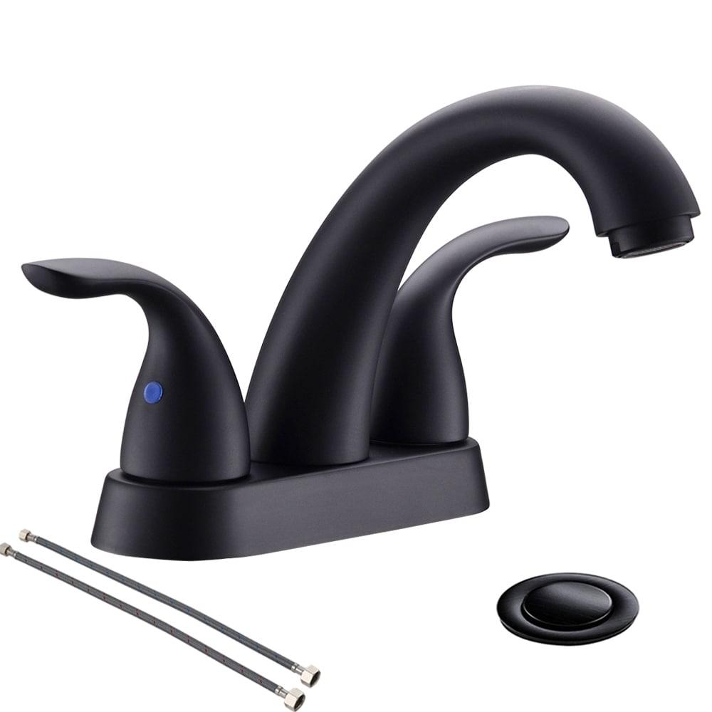 Phiestina 4 Inch 2 or 3 Holes 2 Handles Centerset Matte Black Lead-Free Bathroom Sink Faucet, Bathroom Faucet with Copper Pop Up Drain and Water Supply Lines, BF008-5-MB