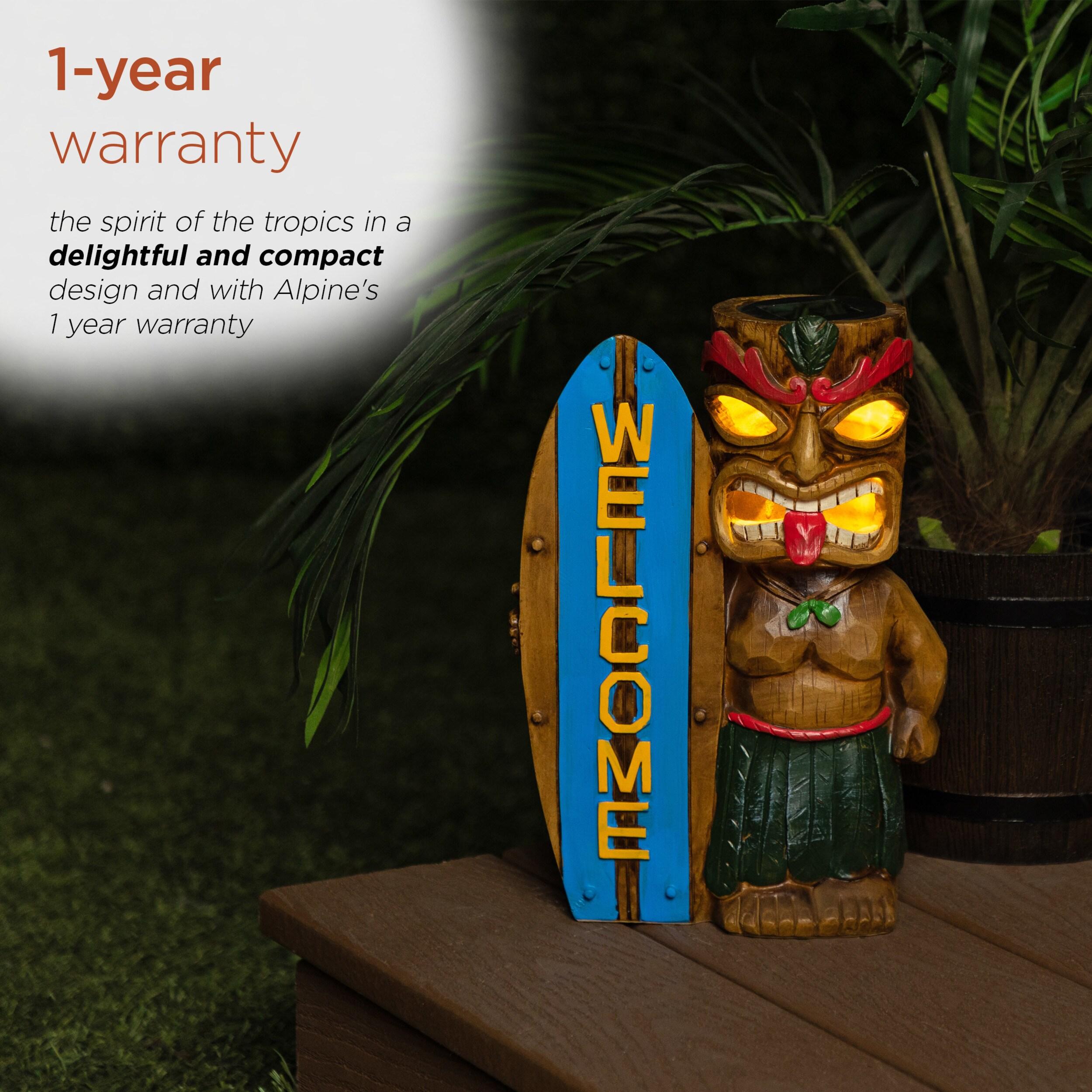 Alpine Corporation Solar Tiki with Welcome Surf Board Statuary and LED Lights