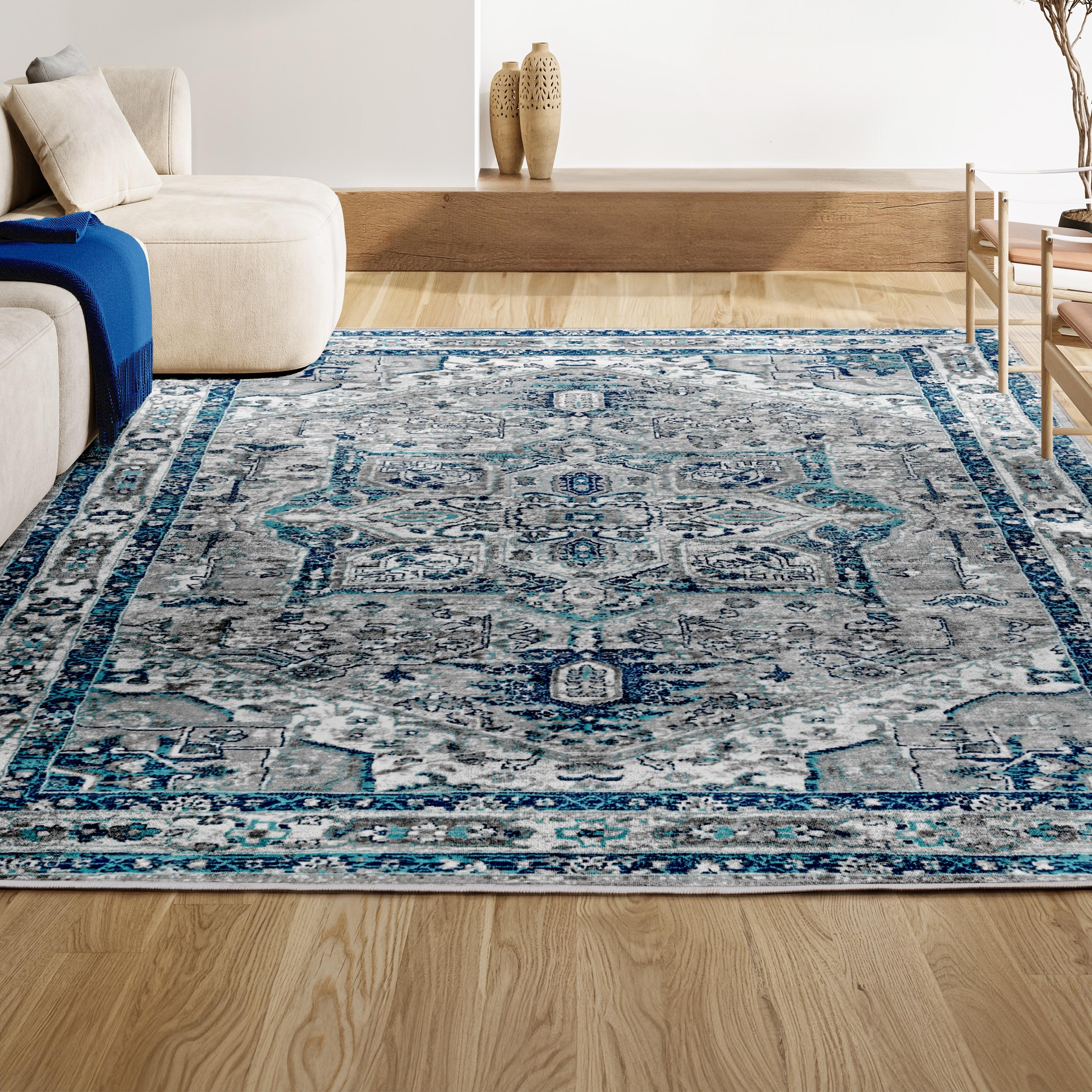 5'x5' Modern Persian Vintage Medallion Area Rug, Light Grey/Blue - JONATHAN Y