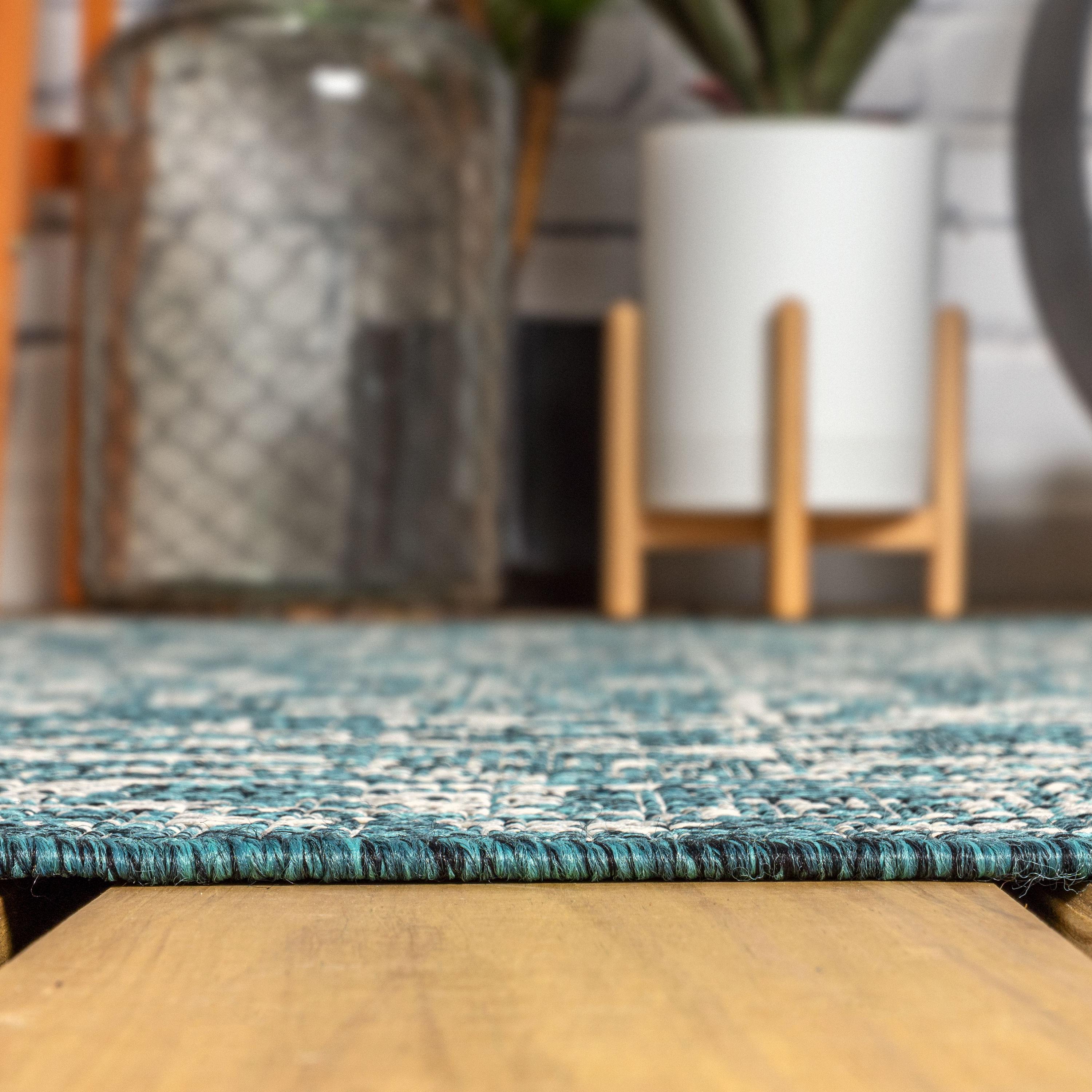 3'x5' Malta Bohemian Medallion Textured Weave Indoor/Outdoor Area Rug, Teal/Gray - JONATHAN Y