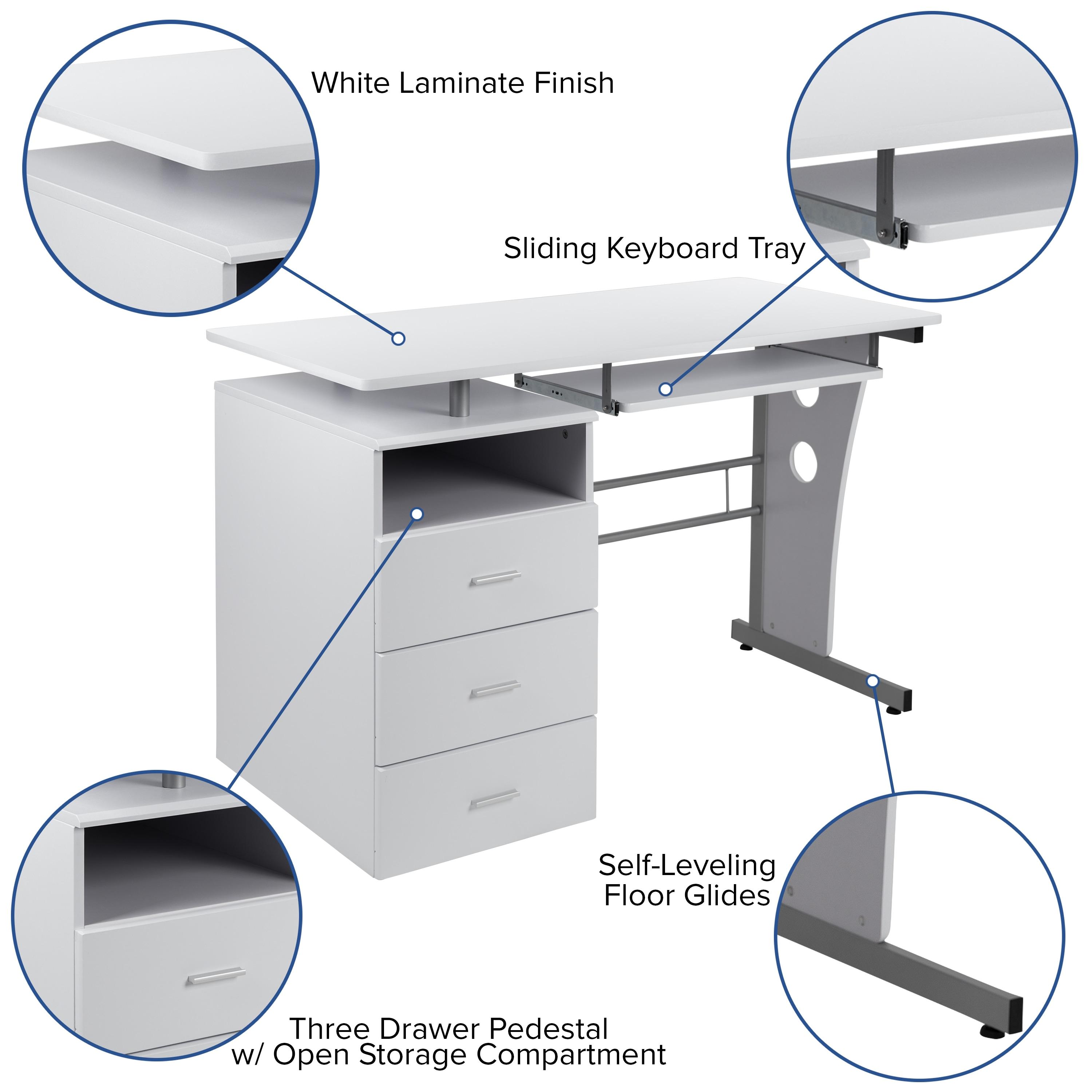 Flash Furniture White Desk with Three Drawer Pedestal and Pull-Out Keyboard Tray