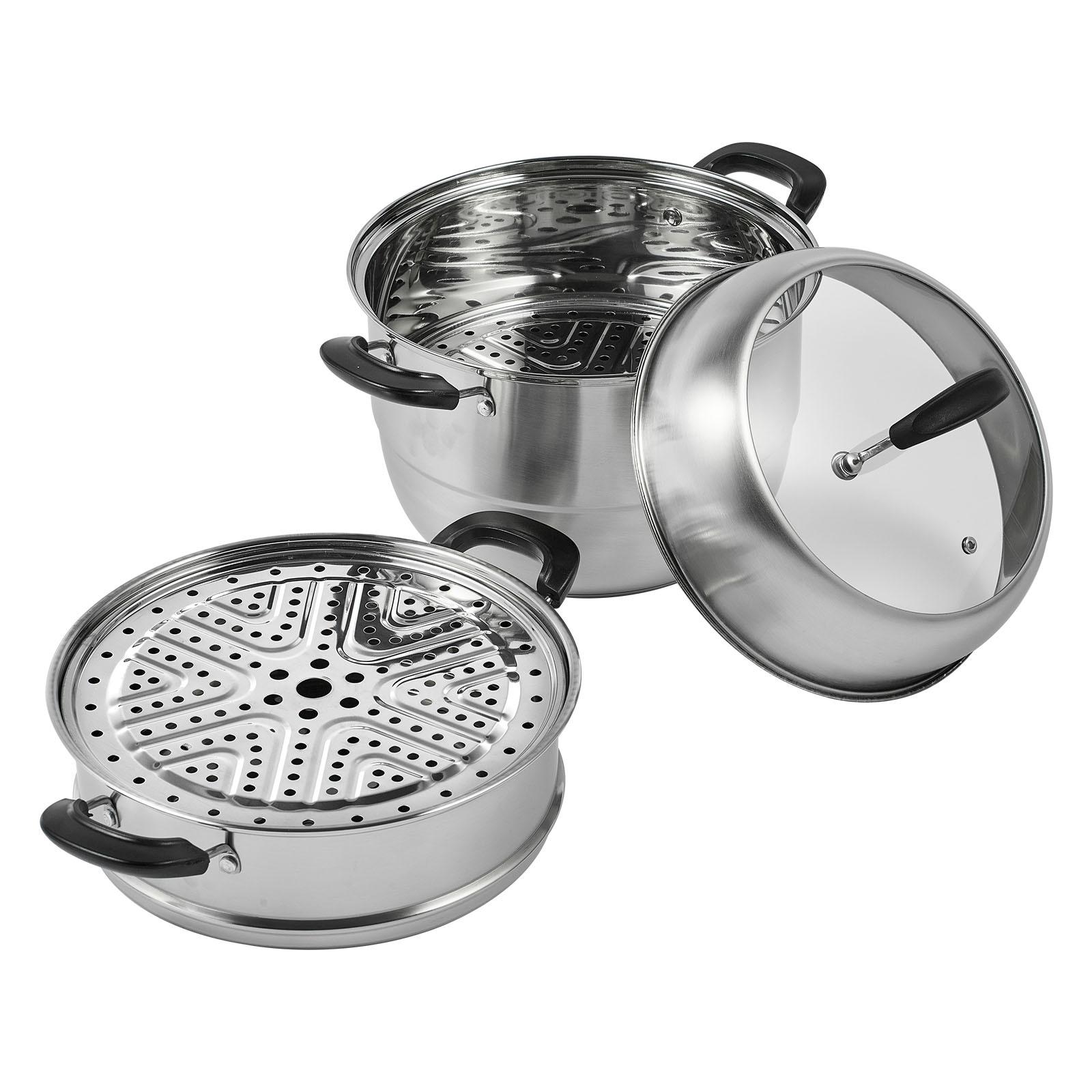 Stellweilan Tessberg Steamer Pot 11in/28cm, 3 Tier Steamer Pot for Cooking with 8.5QT Stock Pot, Vegetable Steamer & 2 Steaming Tray, Food-Grade 304 Stainless Steel Food Steamer Cookware for Gas Electric Stove Grill