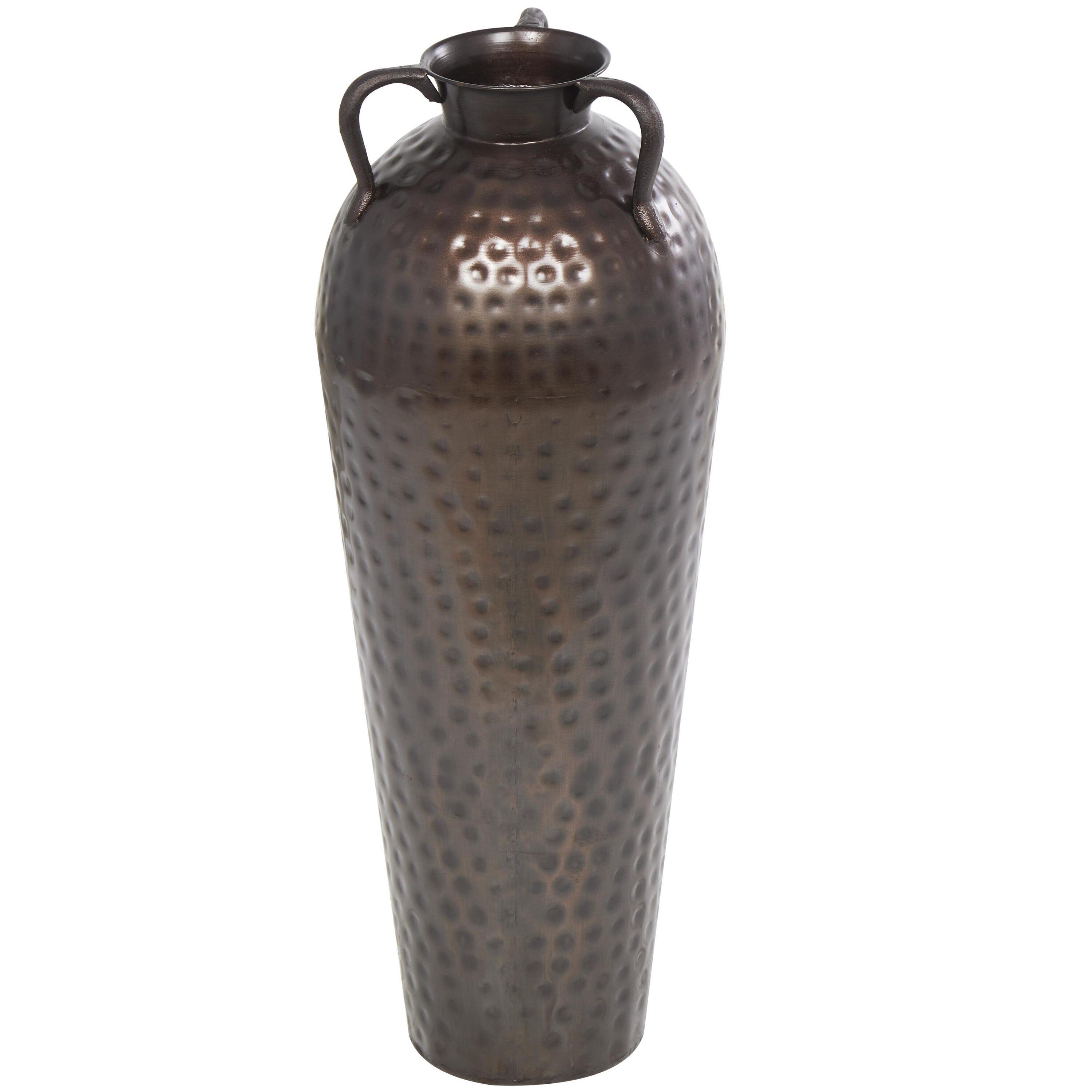 DecMode 28" Tall Floor Mediterranean Style Brown Metal Vase with Hammered Details and Handles