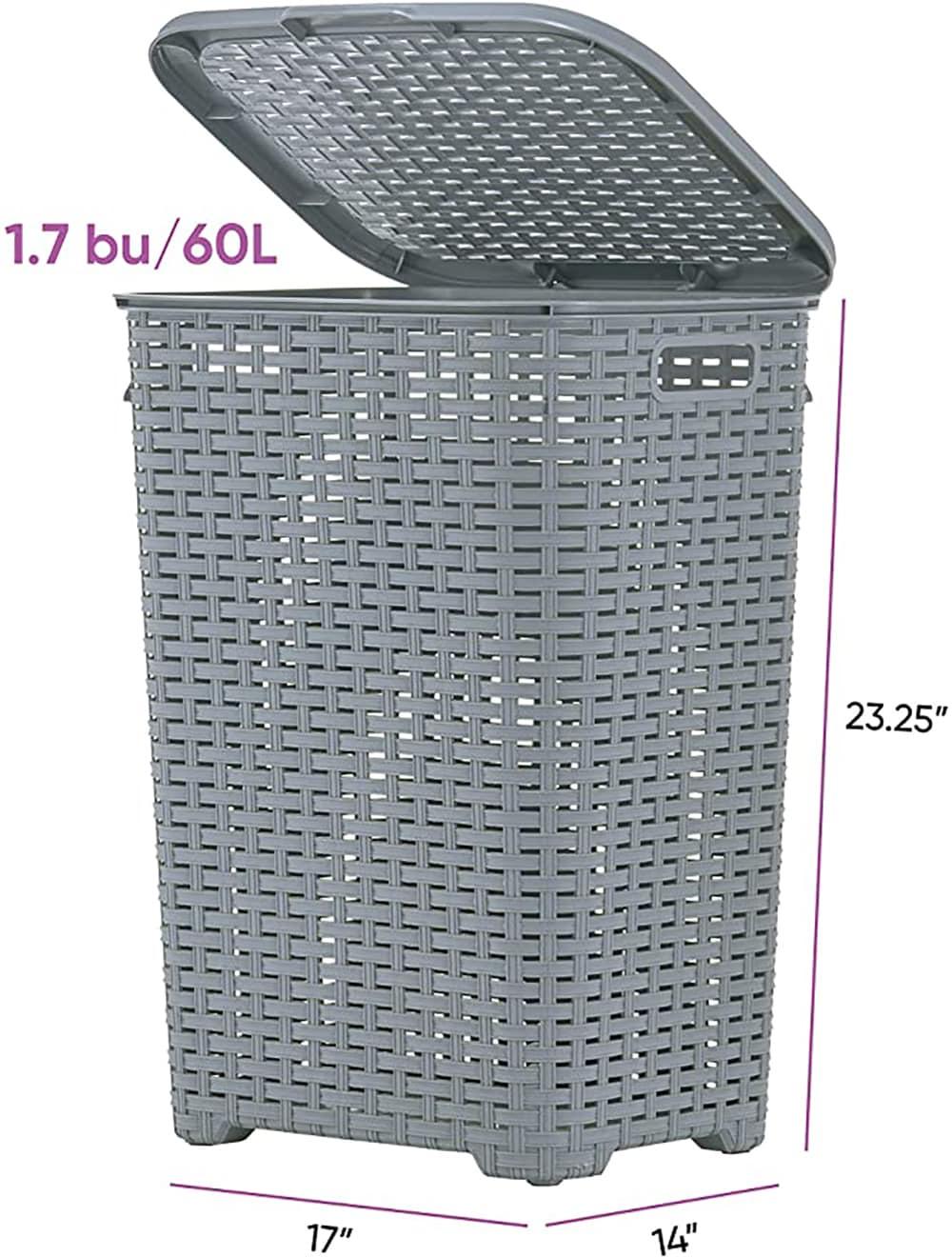 Gray Wicker Upright Hamper with Hinged Lid