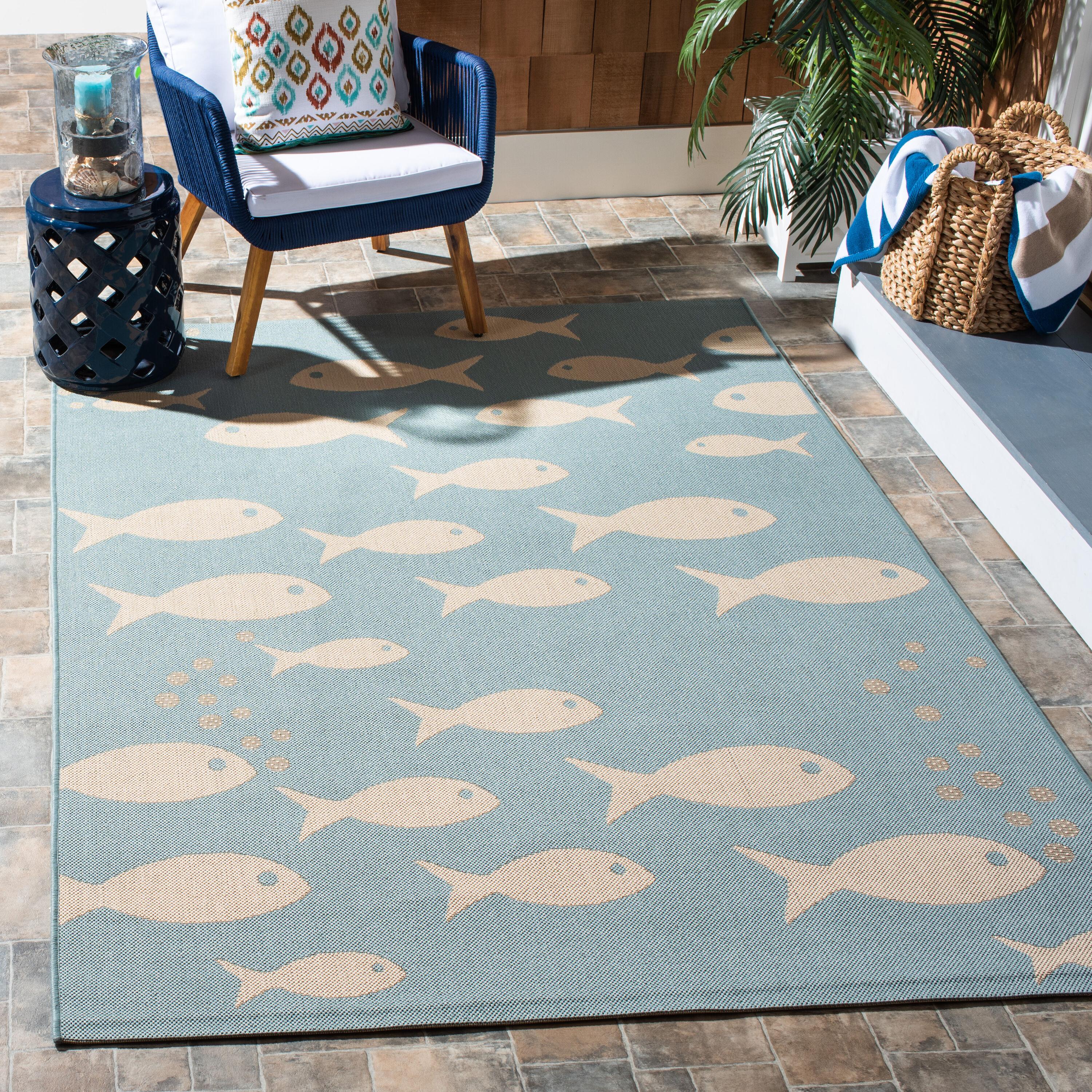 SAFAVIEH Courtyard Trena Fish Print Indoor/Outdoor Area Rug, 2'7" x 5', Aqua/Beige