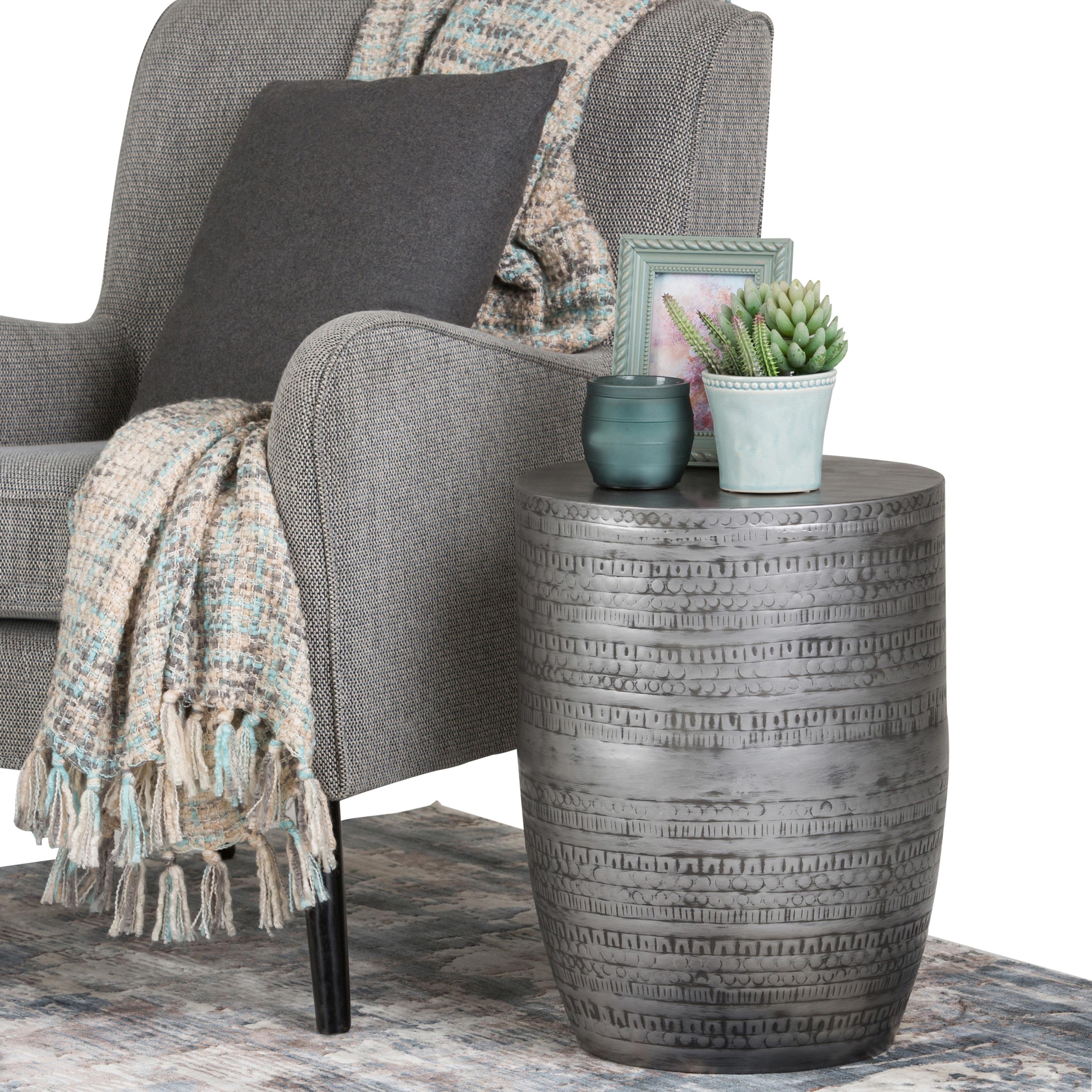 Simpli Home 15"W Metal Boho End Table with Drum Design and Textured Finish, Assembled