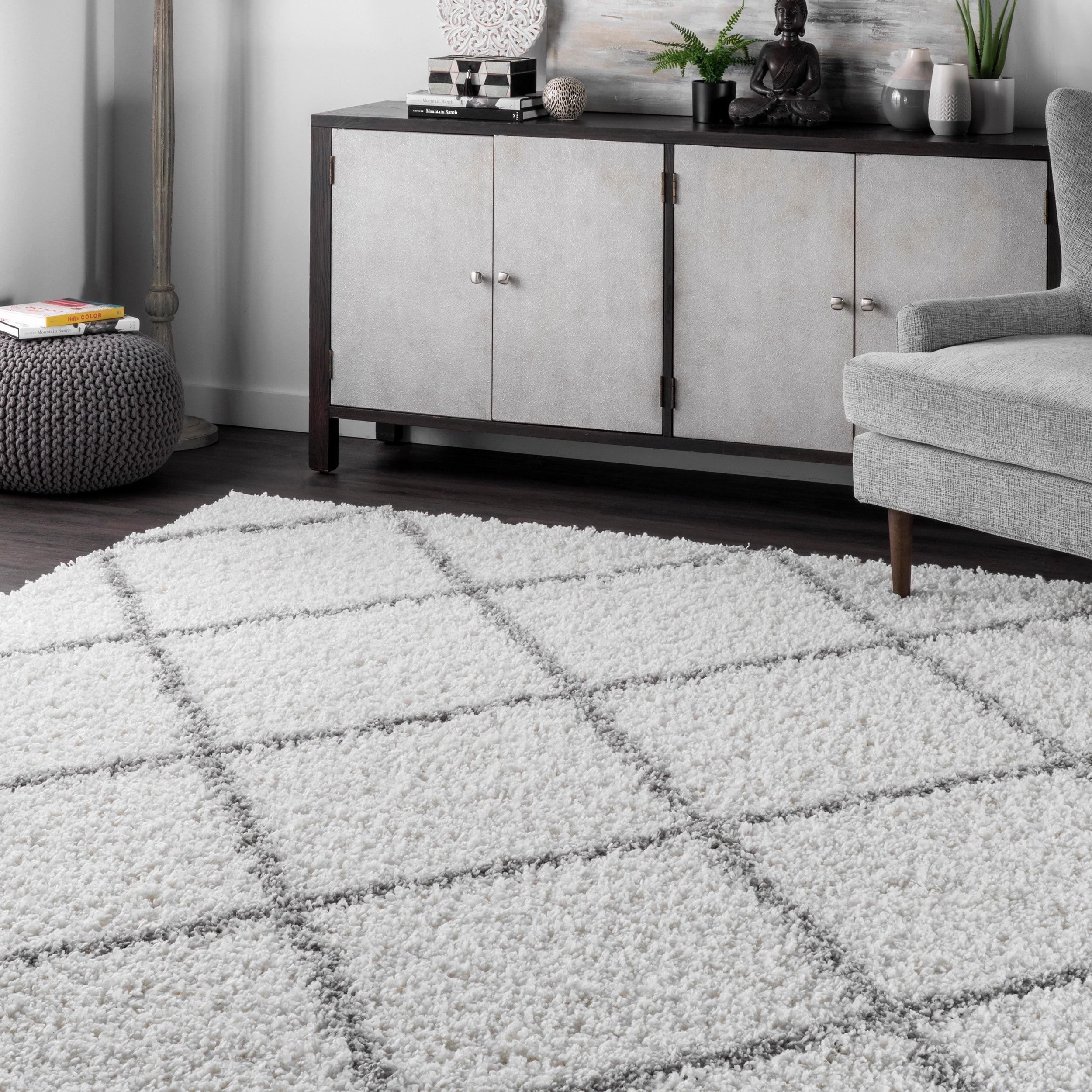 Nuloom Tess Trellis 8 Square Shag Indoor Area Rug for Living Room Bedroom Dining Room Nursery, White/Grey