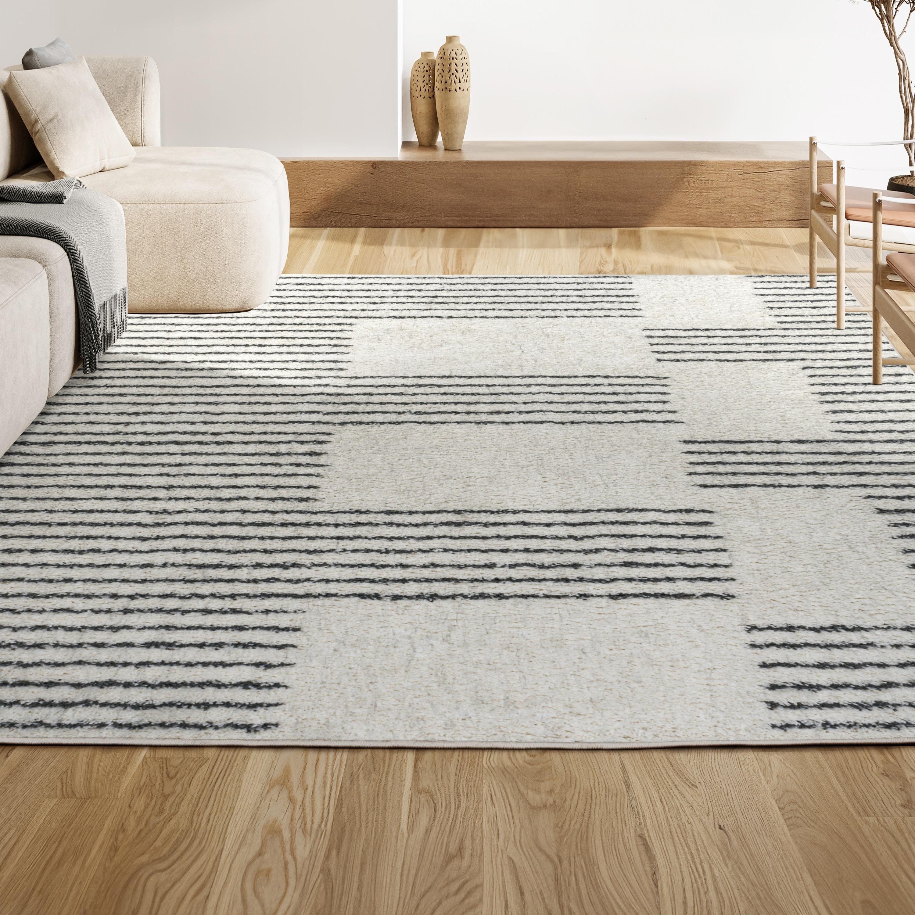 3'x5' Petra Abstract Stripe Geometric Shag Area Rug, White - JONATHAN Y