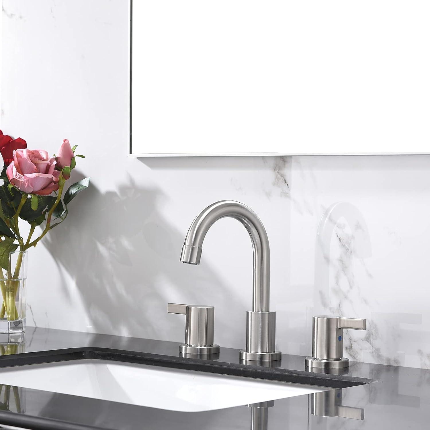 Phiestina 8 Inch Brushed Nickel Bathroom Faucet，3 Holes 2 Handles Widespread Stainless Steel Bathroom Sink Faucet with Metal Pop-Up Drain and Water Supply Lines,WFZY01-BN