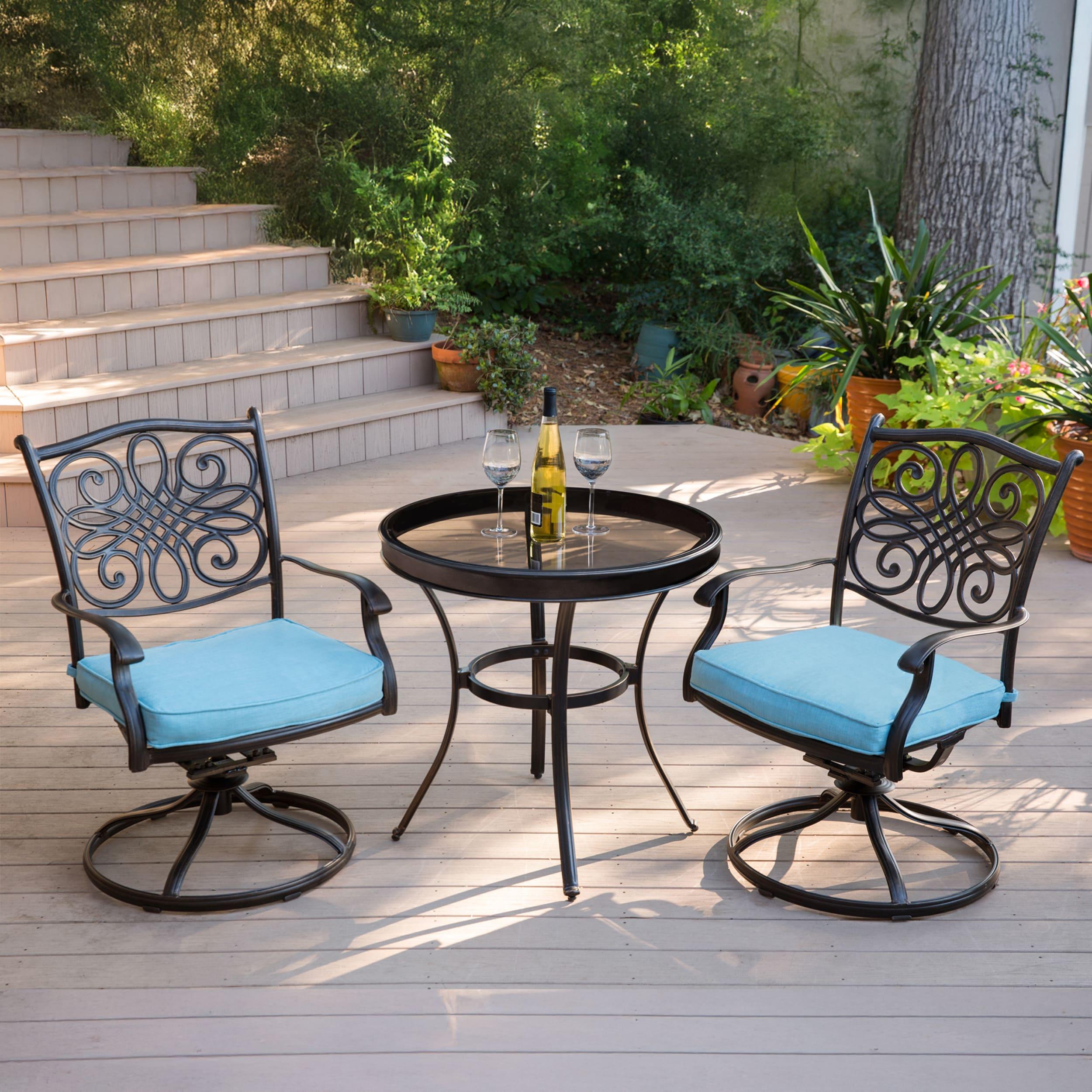 Hanover Traditions 3-Piece Swivel Bistro Set in Blue with 30 in. Glass-top Table