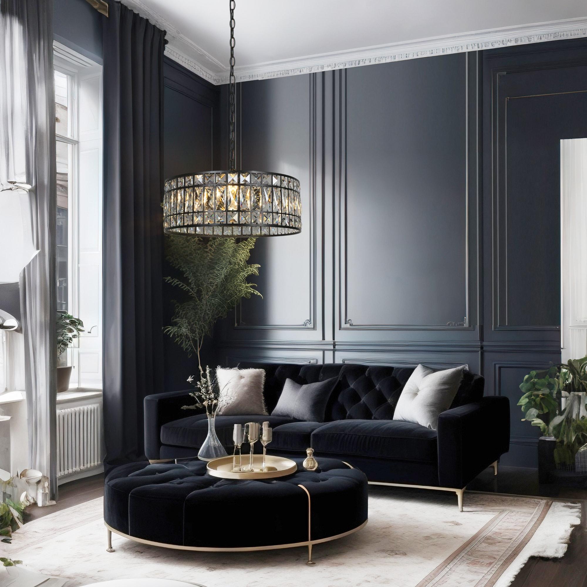 LNC Chispa 3-Light Matte Black Drum LED Dry Rated Chandelier: UL Listed, Adjustable Height, Crystal Decor