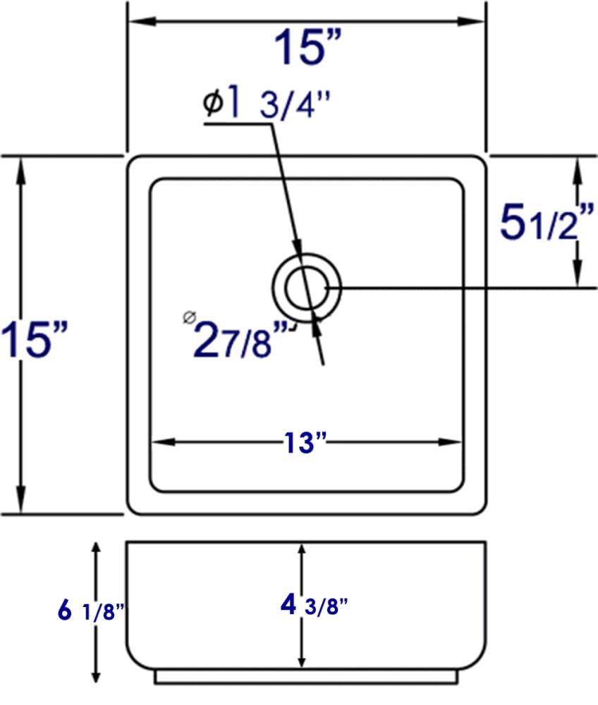 EAGO 15'' White Porcelain Square Bathroom Sink with Overflow