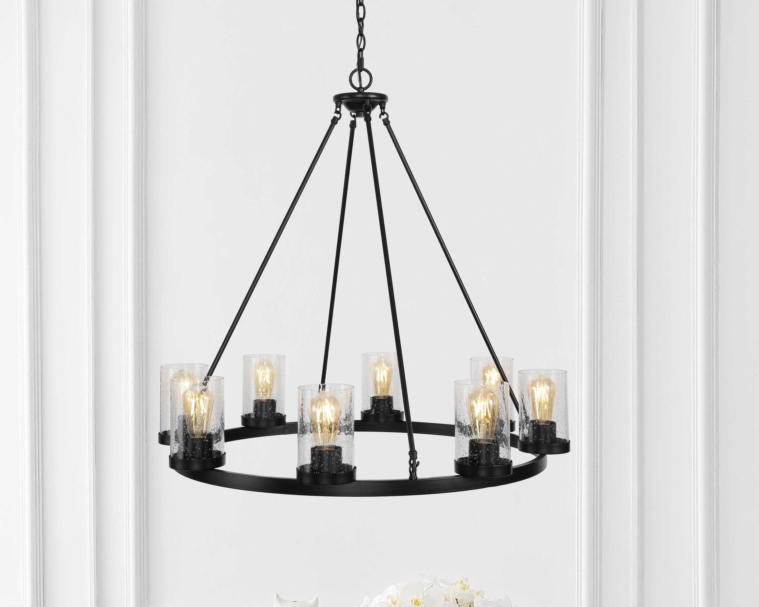 JONATHAN Y JYL7554A Coronet 33.5" 8-Light Iron/Seeded Glass Rustic Farmhouse Round LED Chandelier, Industrial, Vintage for living room, dinning room, bedroom Bulb Included, Oil Rubbed Bronze