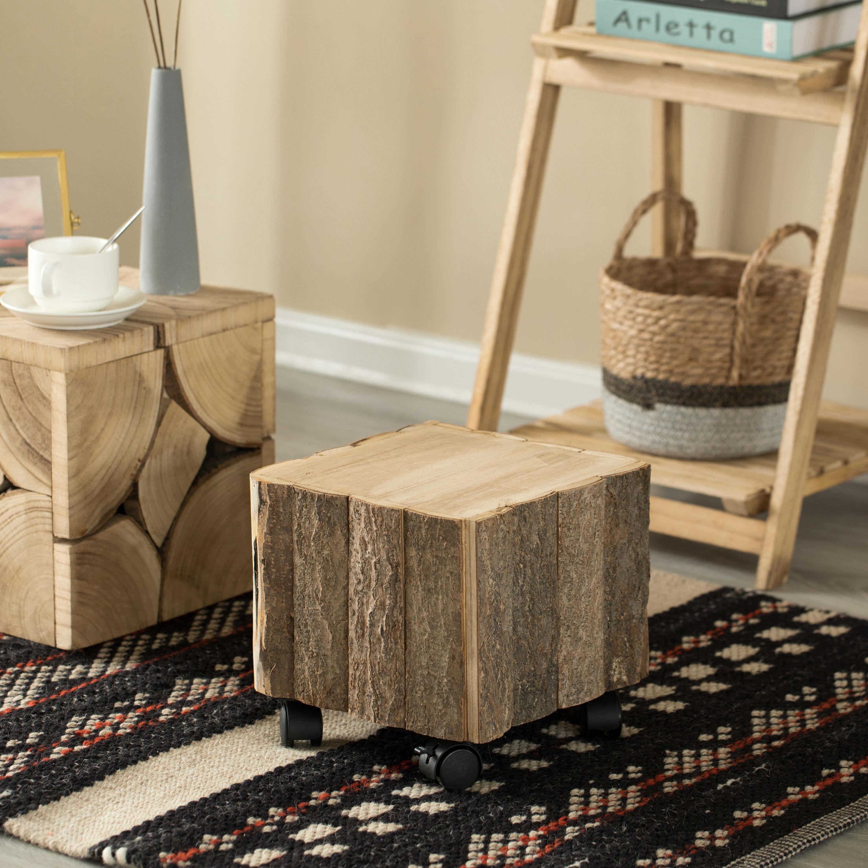 Vintiquewise Accent Decorative Natural Wooden Square Stump Stool, with Wheels for Indoor and Outdoor