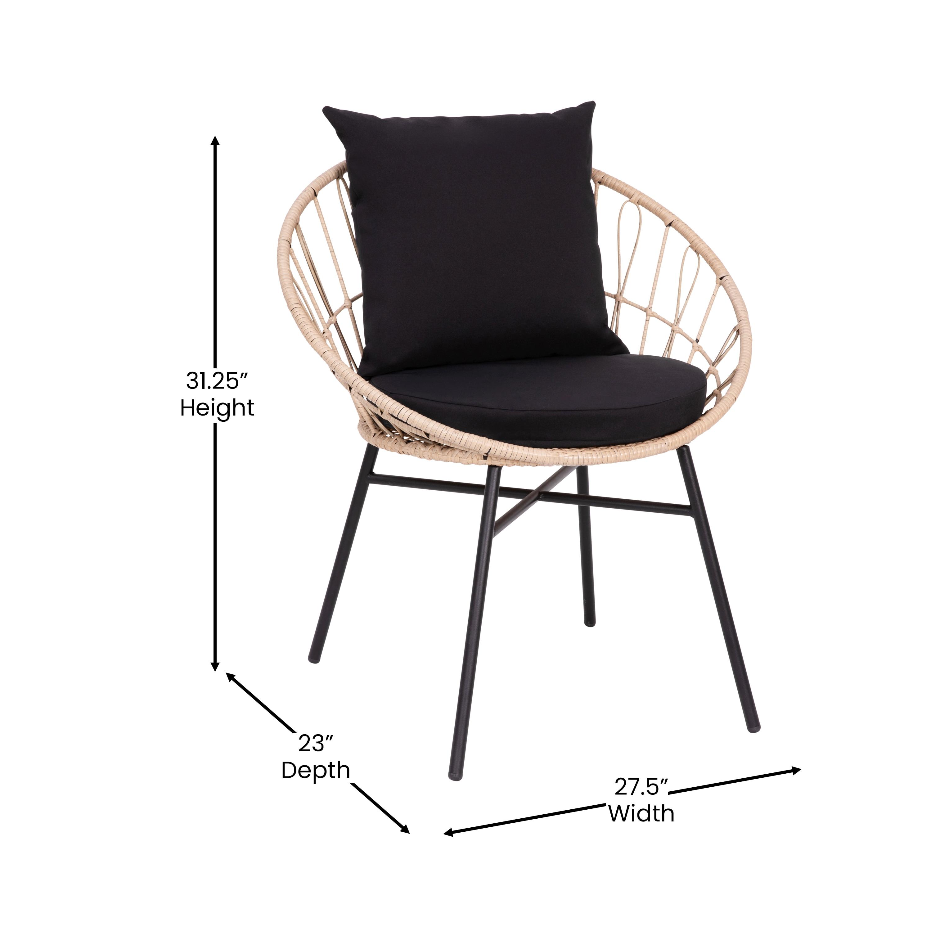 Taylor & Logan Fielder 3-Piece Tan Indoor/Outdoor Bistro Set with Papasan Style Rattan Rope Chairs, Glass Top Side Table & Black Cushions