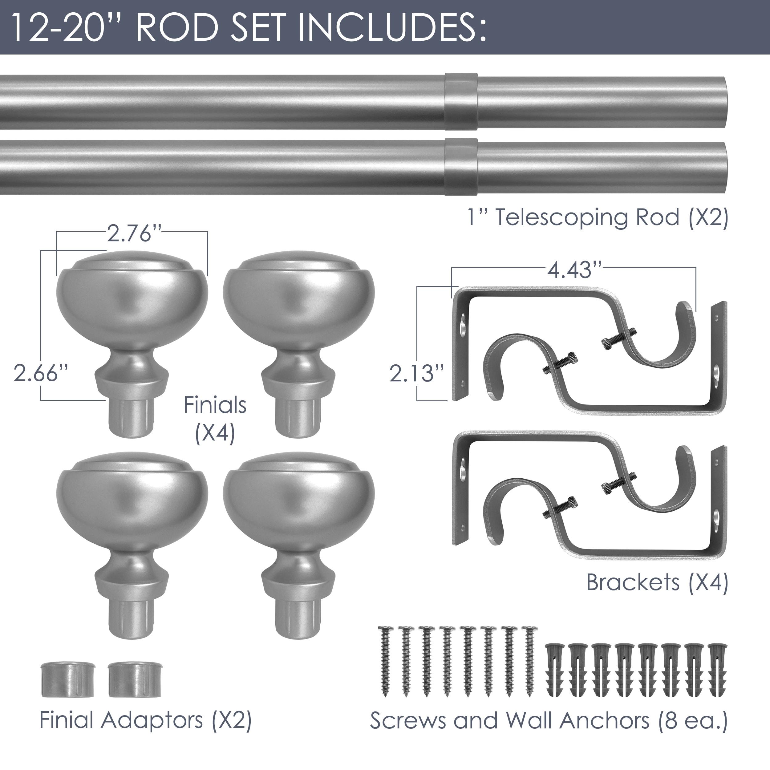 Fairbanks II 12-20 Inch Adjustable Side Curtain Rod Set Pair, 1 Inch Diameter in Nickel