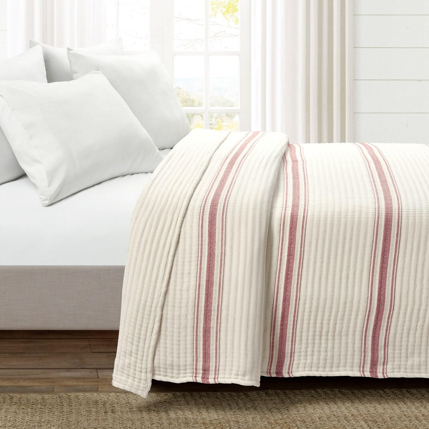 Lush Décor Full/Queen Farmhouse Stripe Kantha Pick Sti Thread Counth Yarn Dyed Woven Single Quilt/Coverlet Red: Reversible, OEKO-TEX Certified