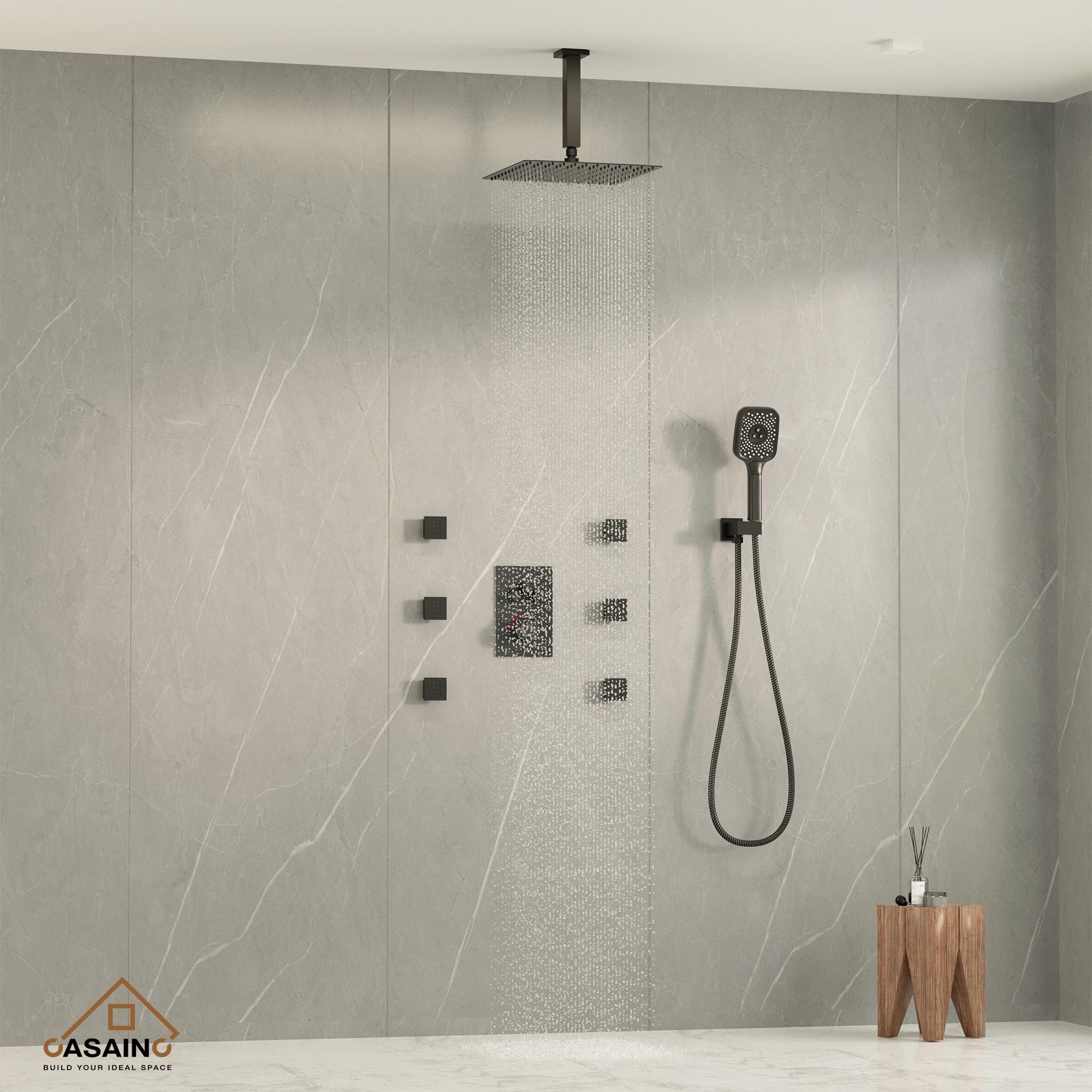 Revitalize 3-Function 12 Inch Ceiling Mount Rainfall Thermostatic Shower System with 6 Body Jets