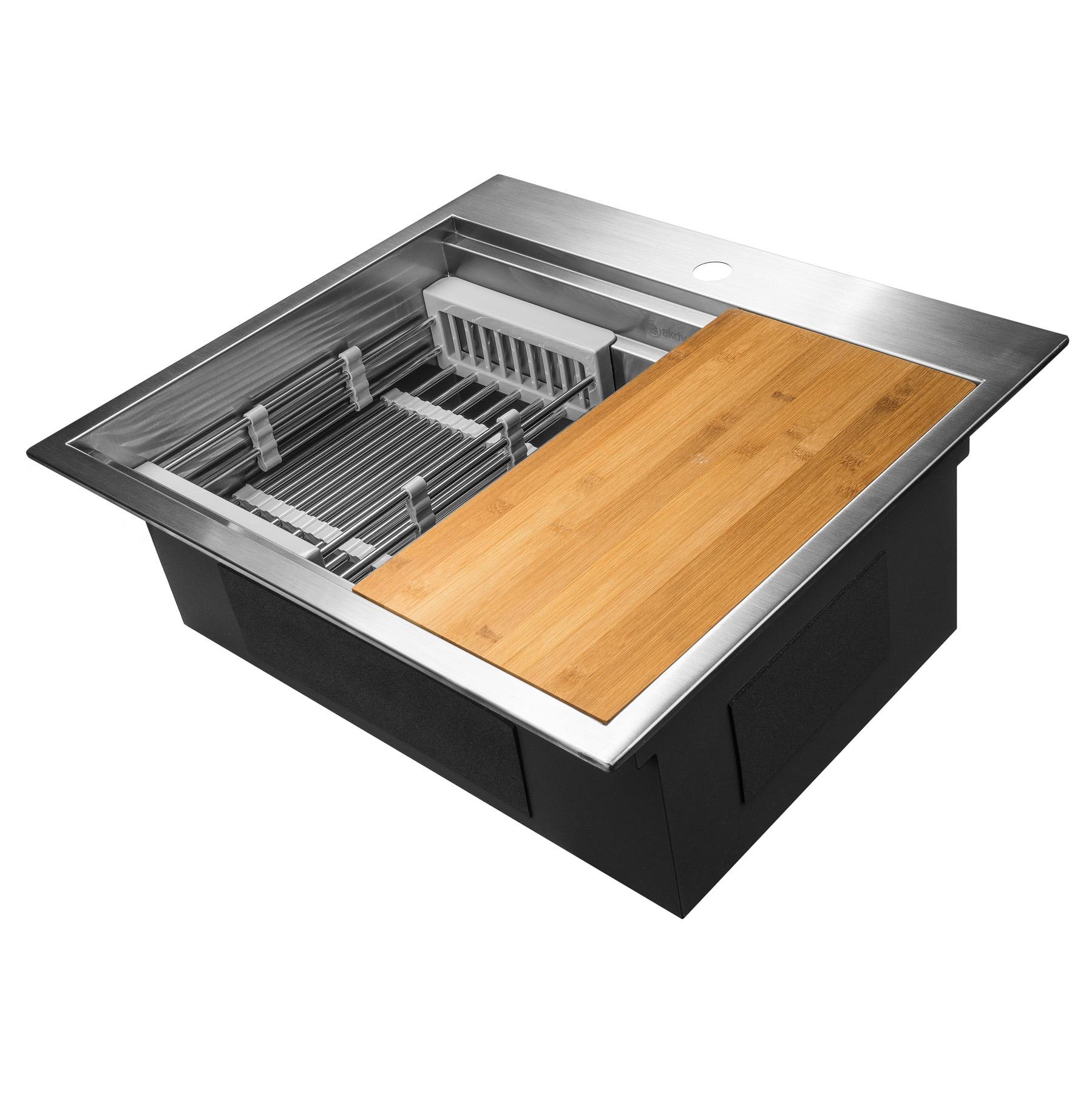 Drop-In 25-in x 22-in Brushed Stainless Steel Single Bowl 1-Hole Workstation Kitchen Sink