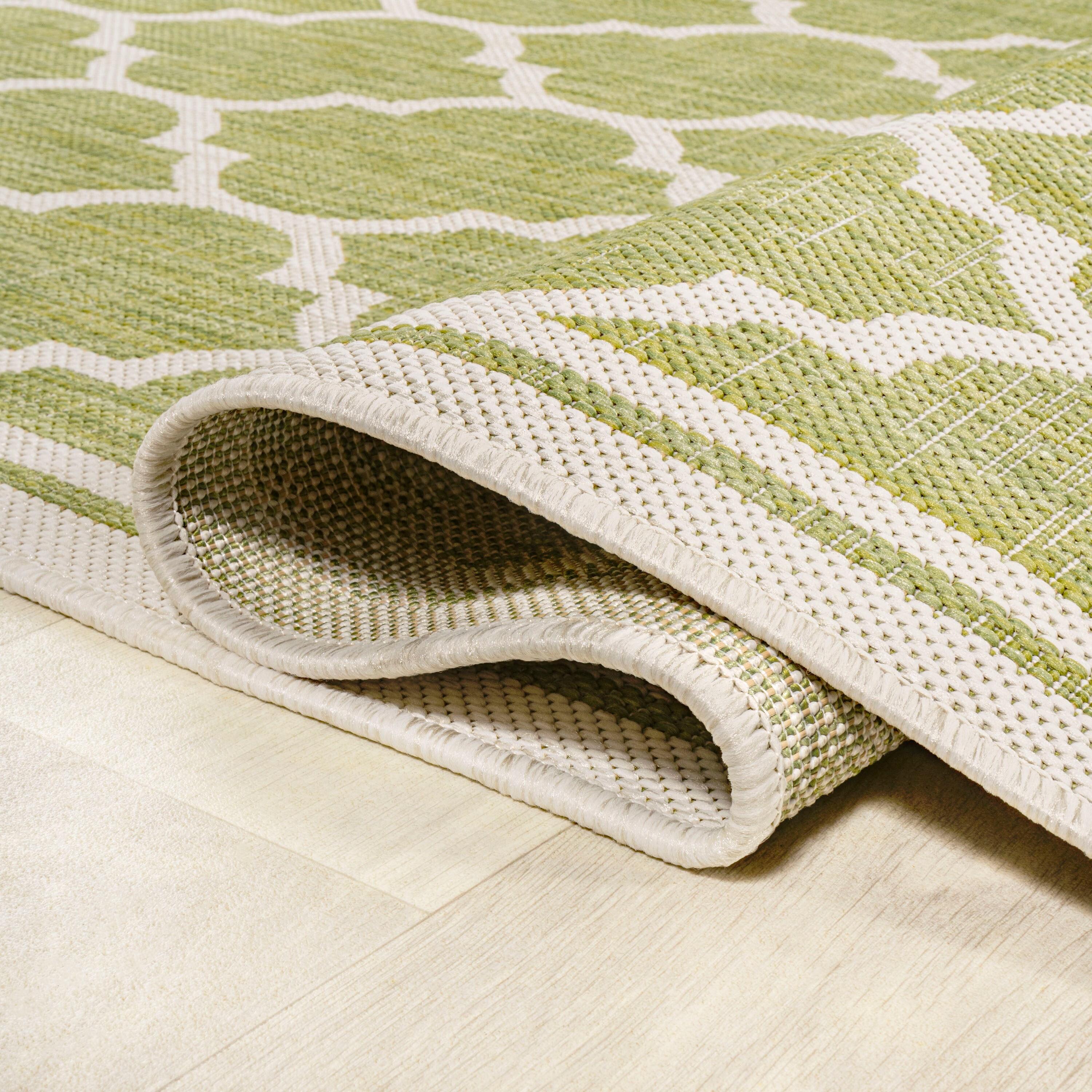 5' x 5' Trebol Moroccan Trellis Textured Weave Indoor/Outdoor Area Rug, Green/Cream - JONATHAN Y