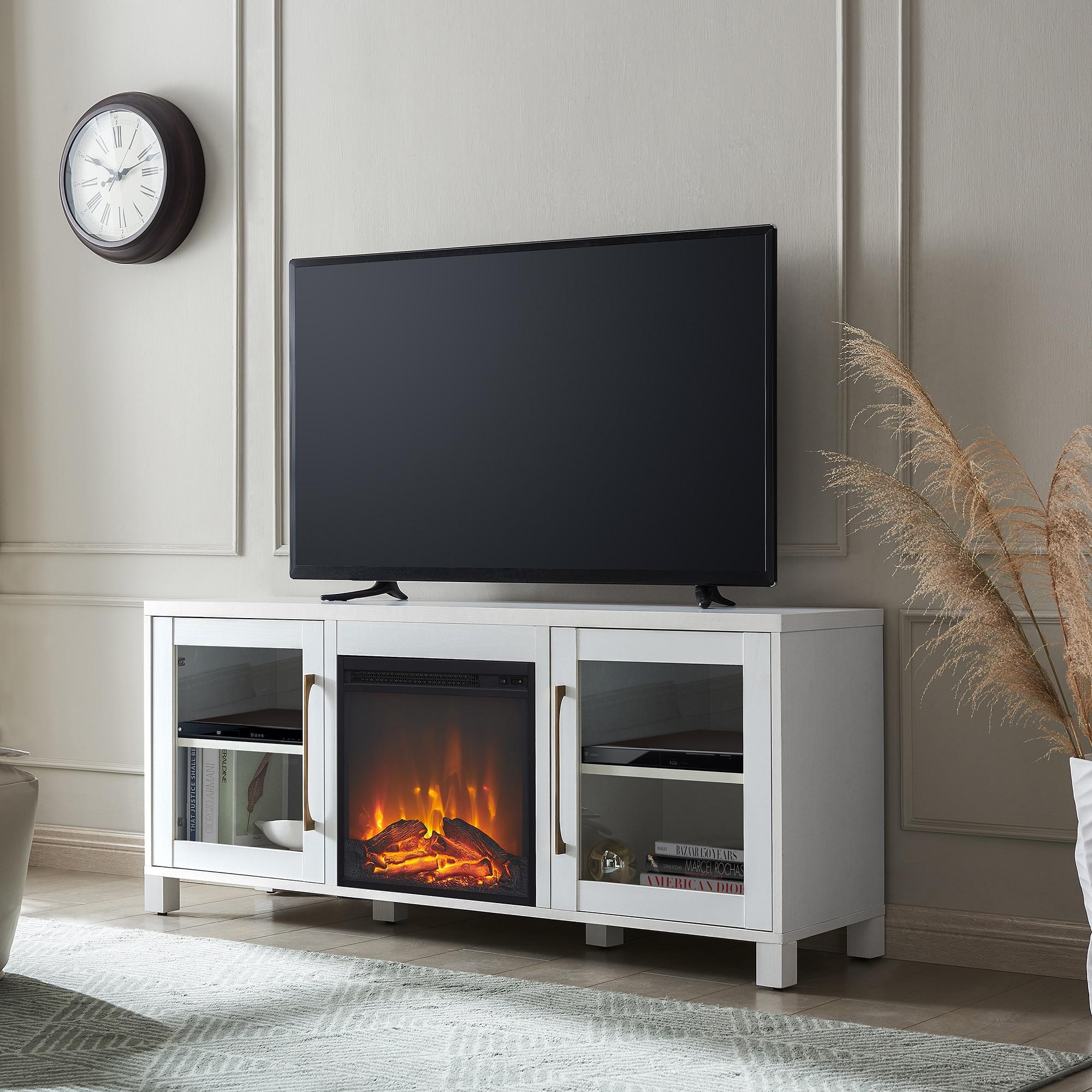 White TV Stand with Log Fireplace Insert - Henn&Hart