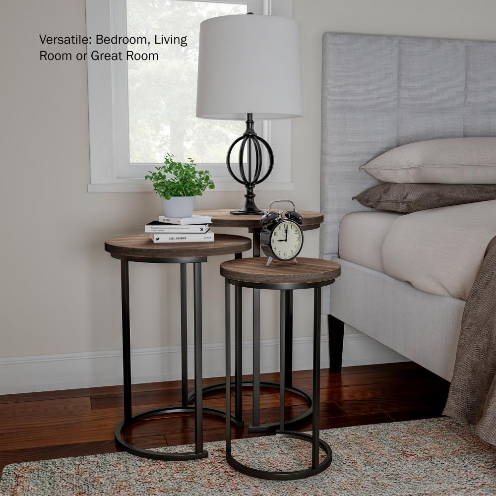 Hastings Home Set of 3 Round End Tables with Woodgrain-Look and Black Metal Base, Gray/Brown
