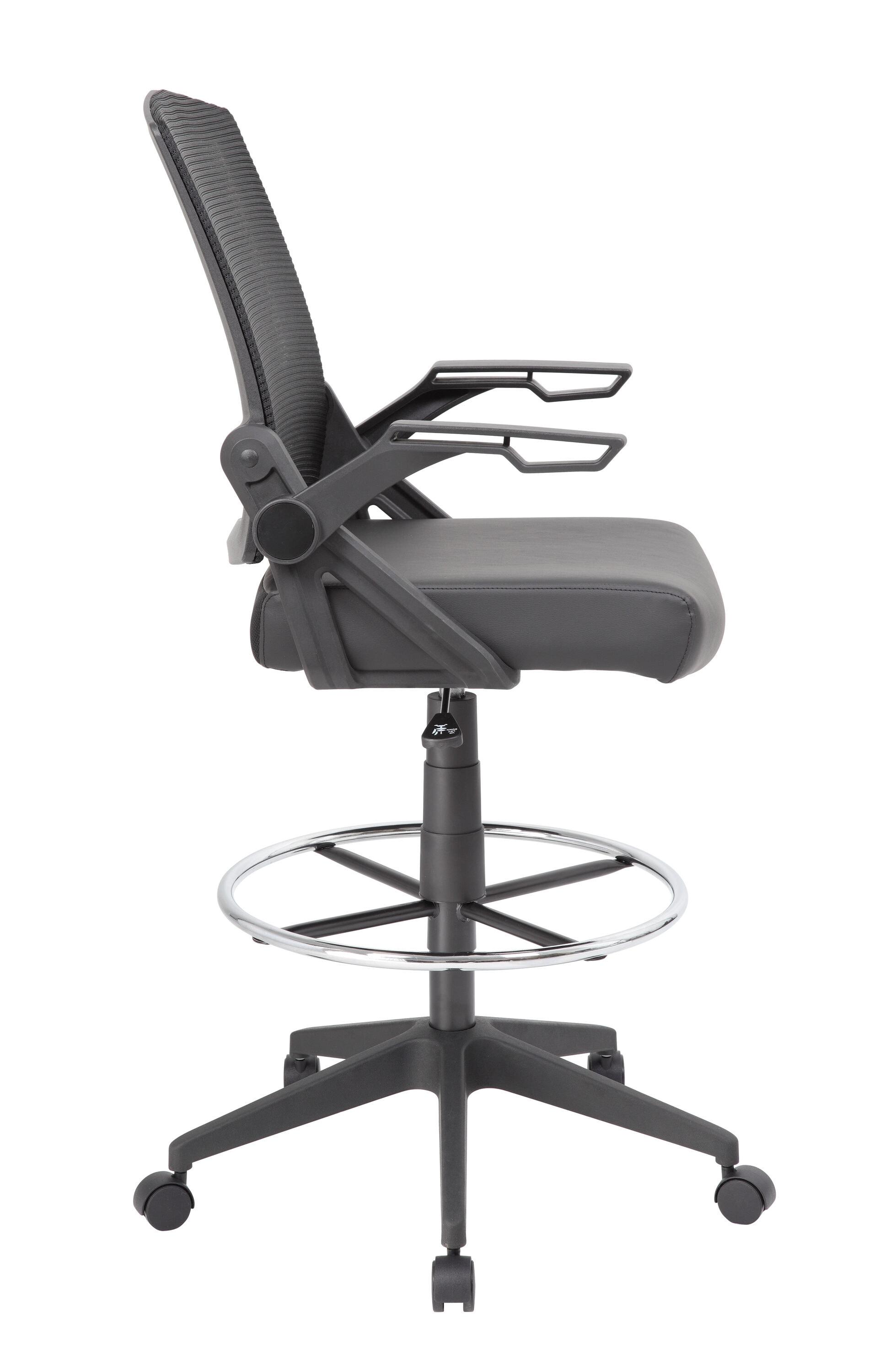 Boss Office Products Drafting Stool with Flip Arms Mesh Black: Adjustable for Tall Desks, Ergonomic Design, Nylon Frame