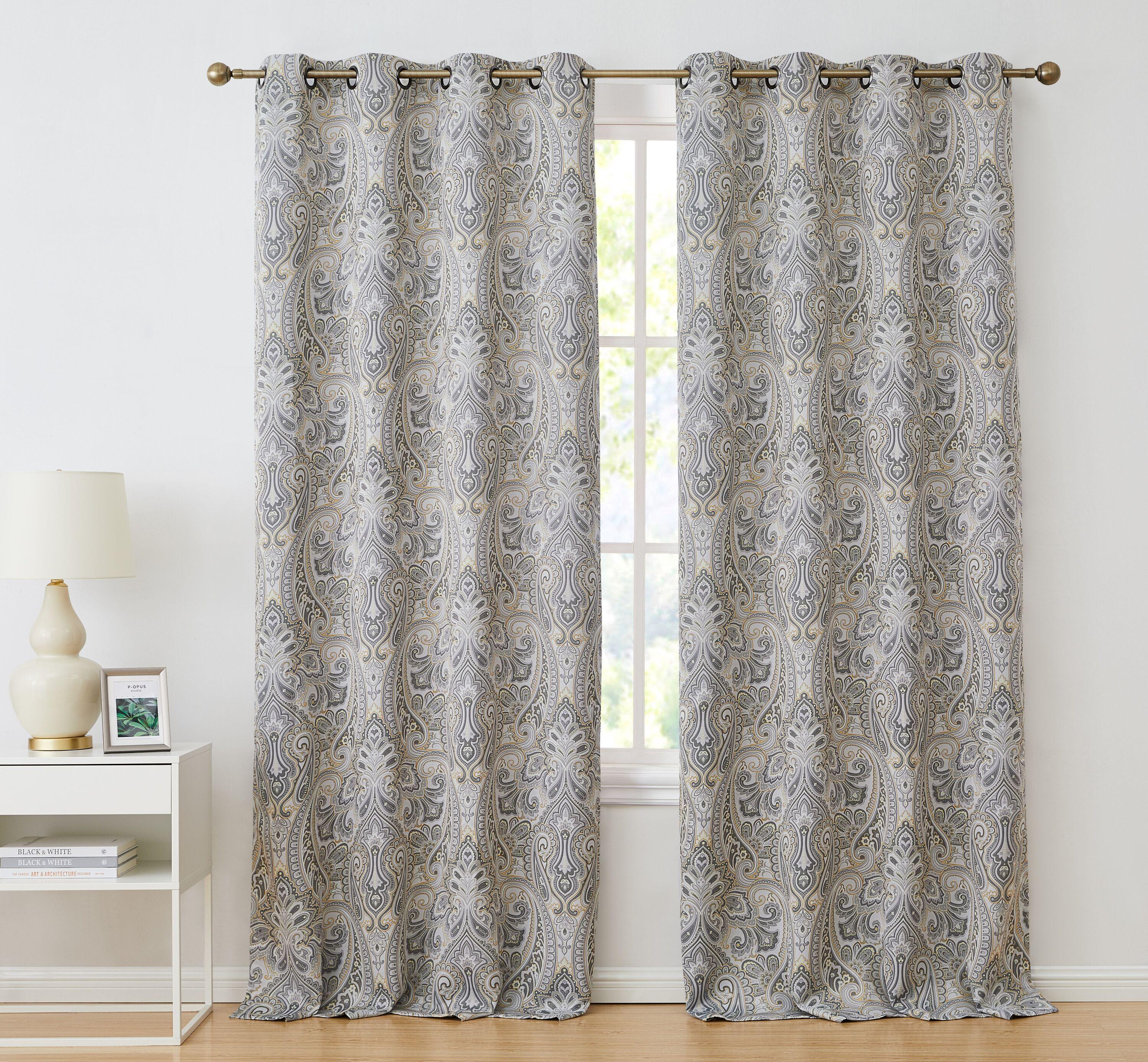 HLC.ME Paris Paisley Decorative Print Damask Pattern Light Reducing Grommet Window Curtain Panels for Bedroom, Set of 2 - Grey, 50 W x 96 L