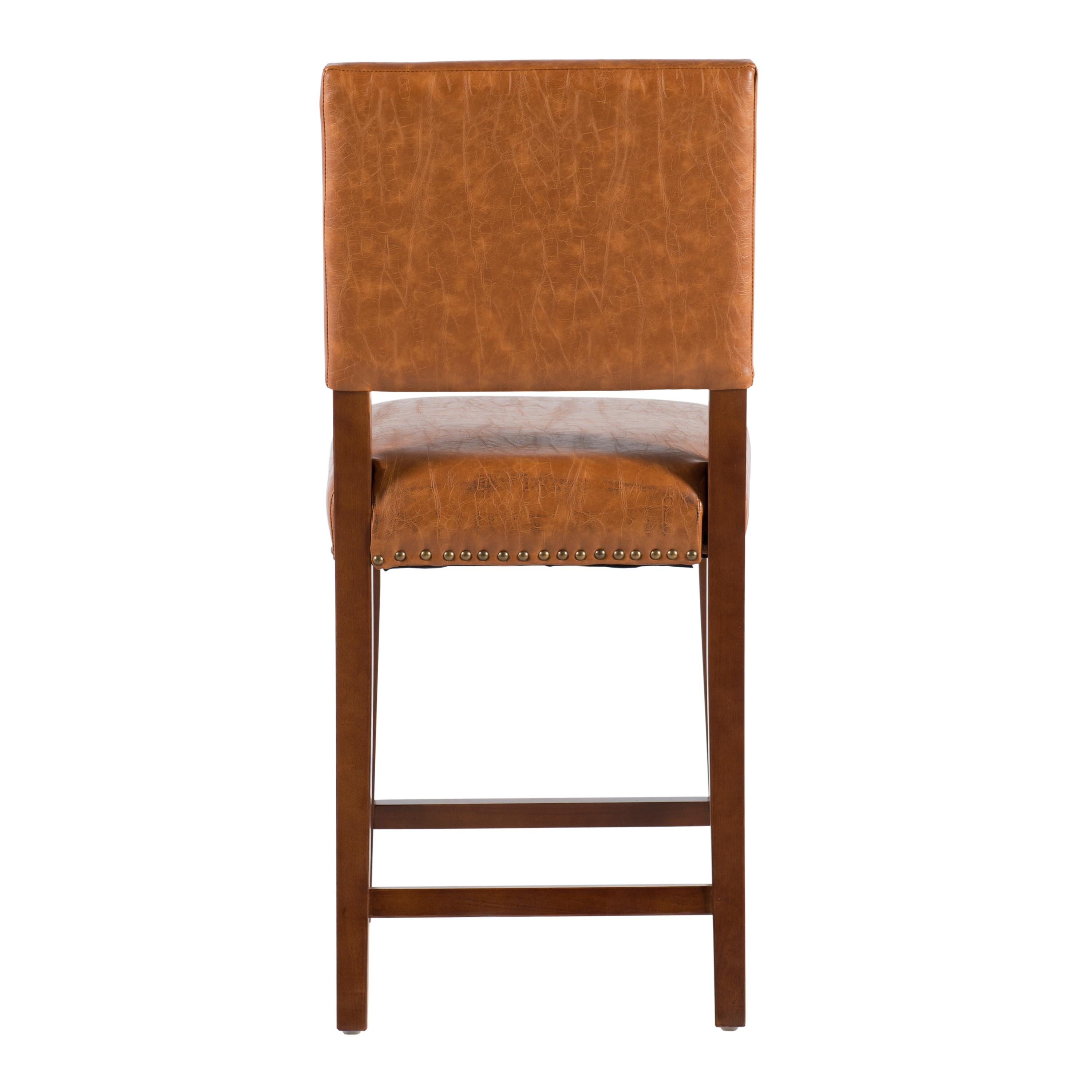 24" Brook Padded Back Faux Leather Nailhead Counter Height Barstool Caramel - Linon: Cherry-Stained Legs, Footrails