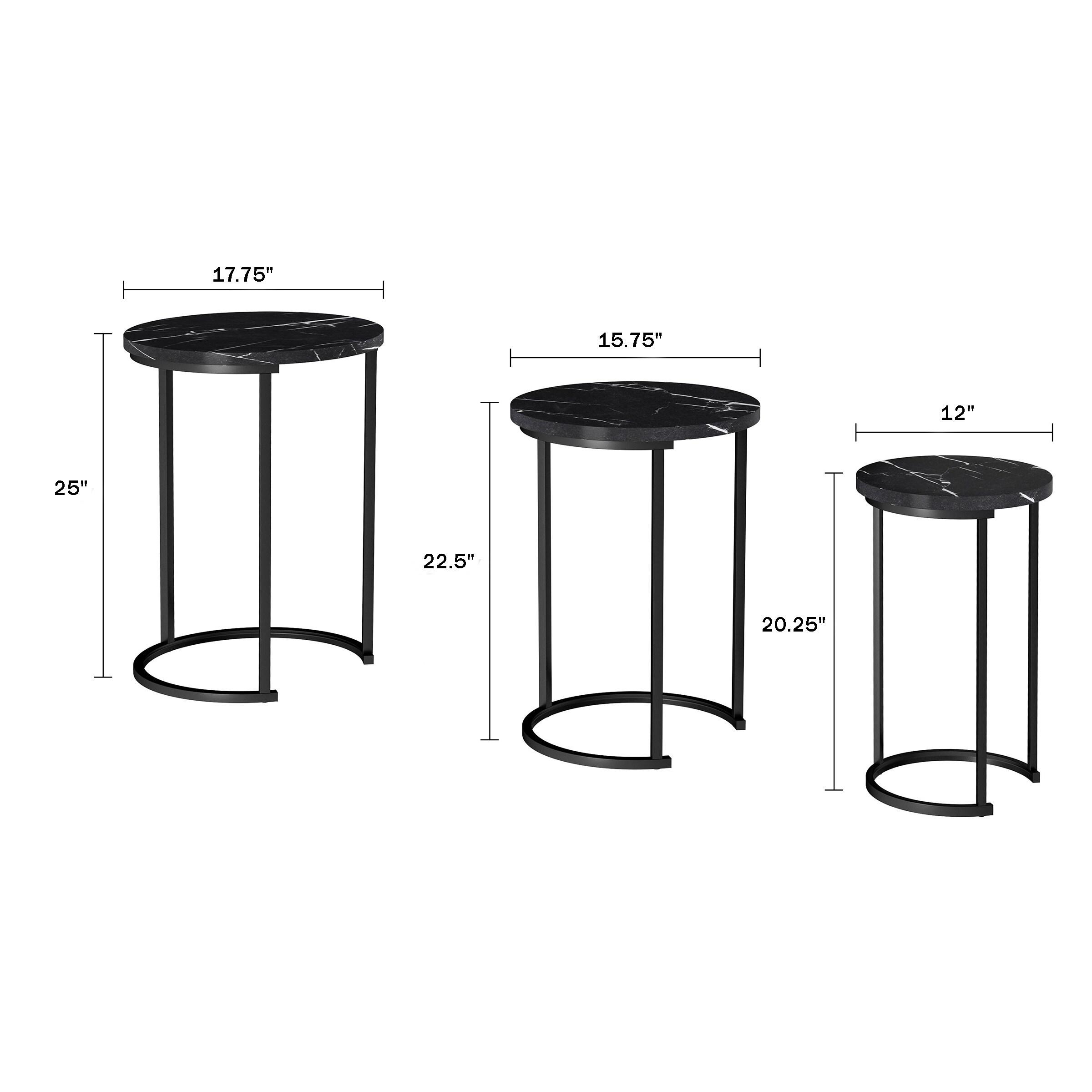 Hastings Home Set of 3 Round Living Room End Tables – Modern Faux Marble Top and Black Metal Base Nesting Tables or Nightstands