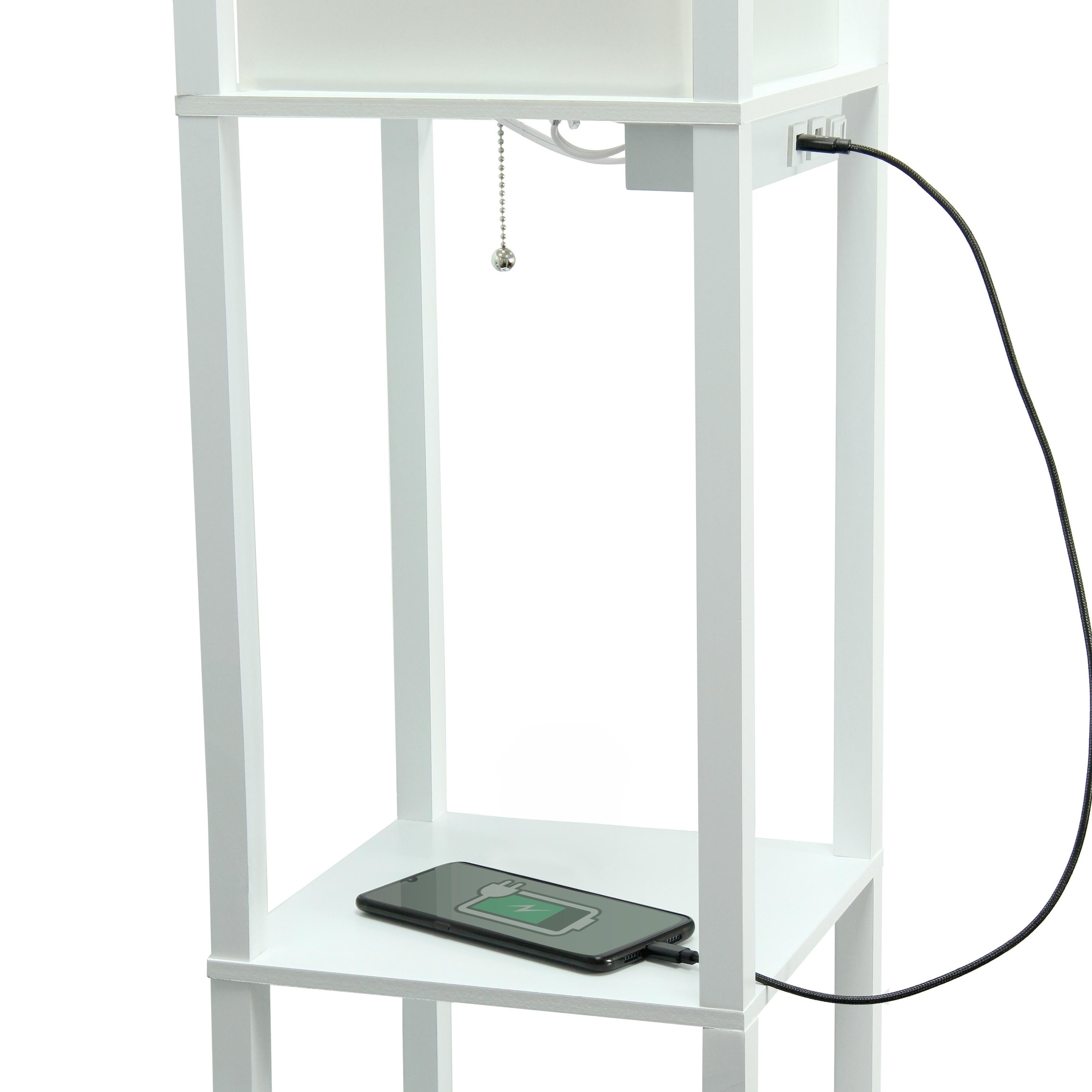 Creekwood Home Classix 62.5" 3-Tier Storage Floor Lamp with Charging Ports and Outlet White