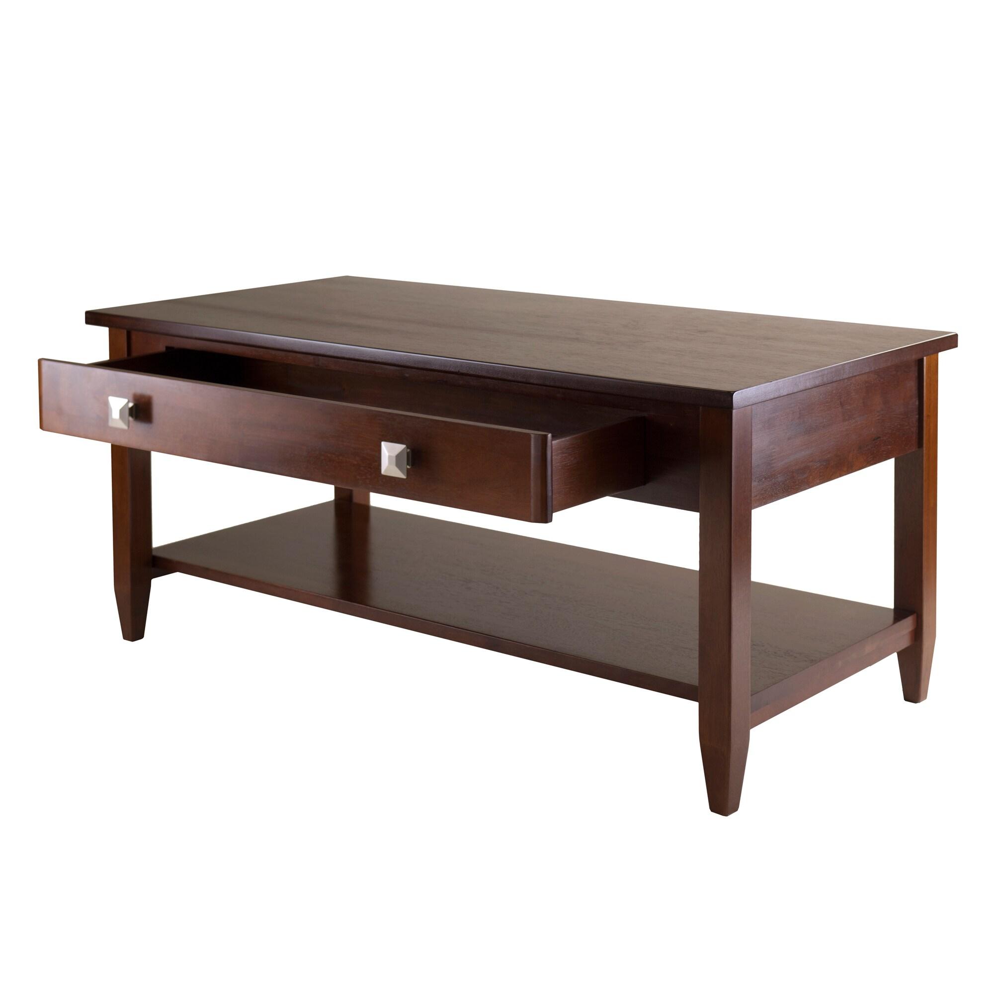 Richmond Coffee Table with Tapered Leg Walnut Finish - Winsome: Storage Shelf, Modern Brushed-Chrome Knobs