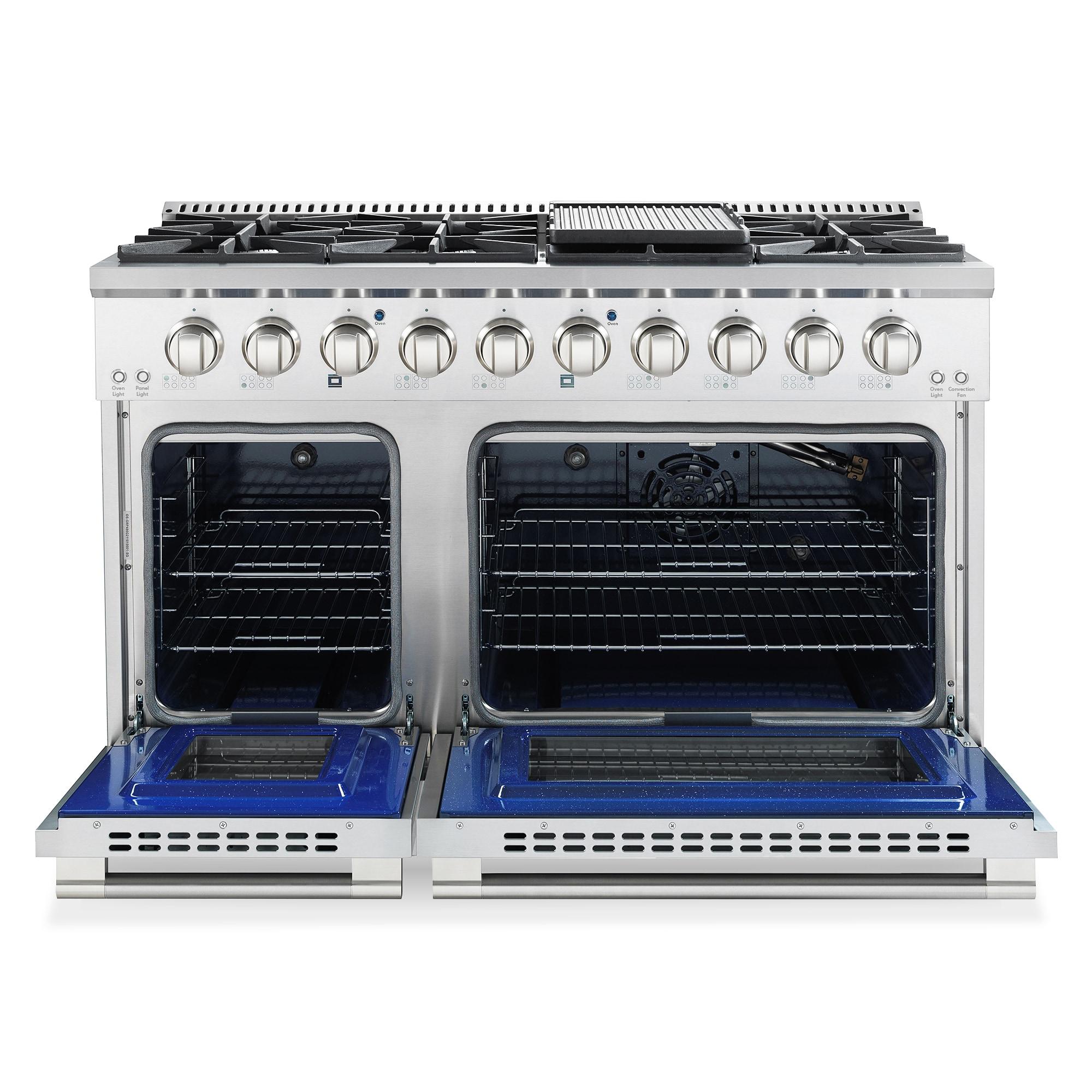 Cosmo 48 in. Vista Collection 5.5 cu. ft. Double Oven Gas Range, 8 Italian Burners, LED Panel, Cast Iron Grates, Stainless Steel