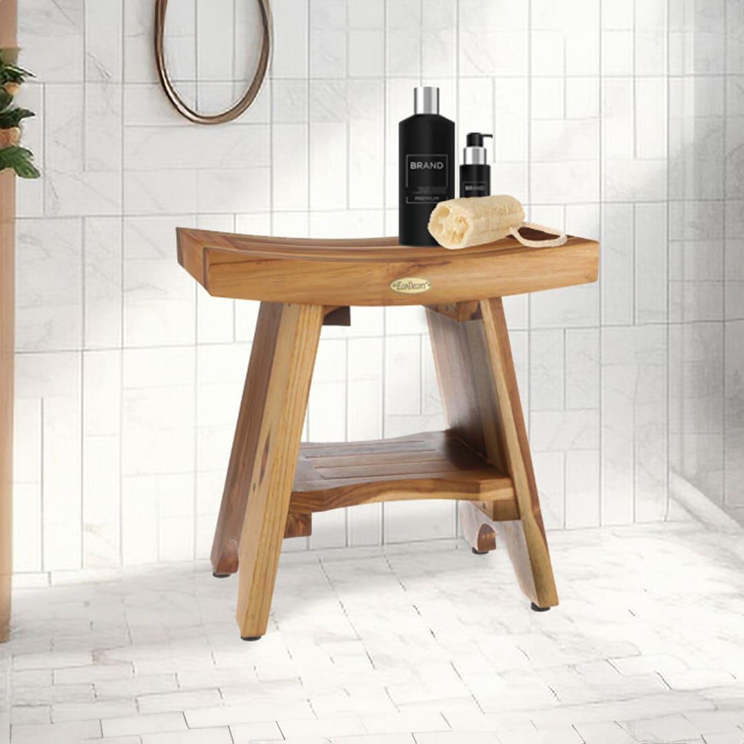 18" Serenity ED961 Wide Teak Shower Bench with Shelf - EcoDecors: Durable Bathroom Stool, Water Resistant, Easy to Clean