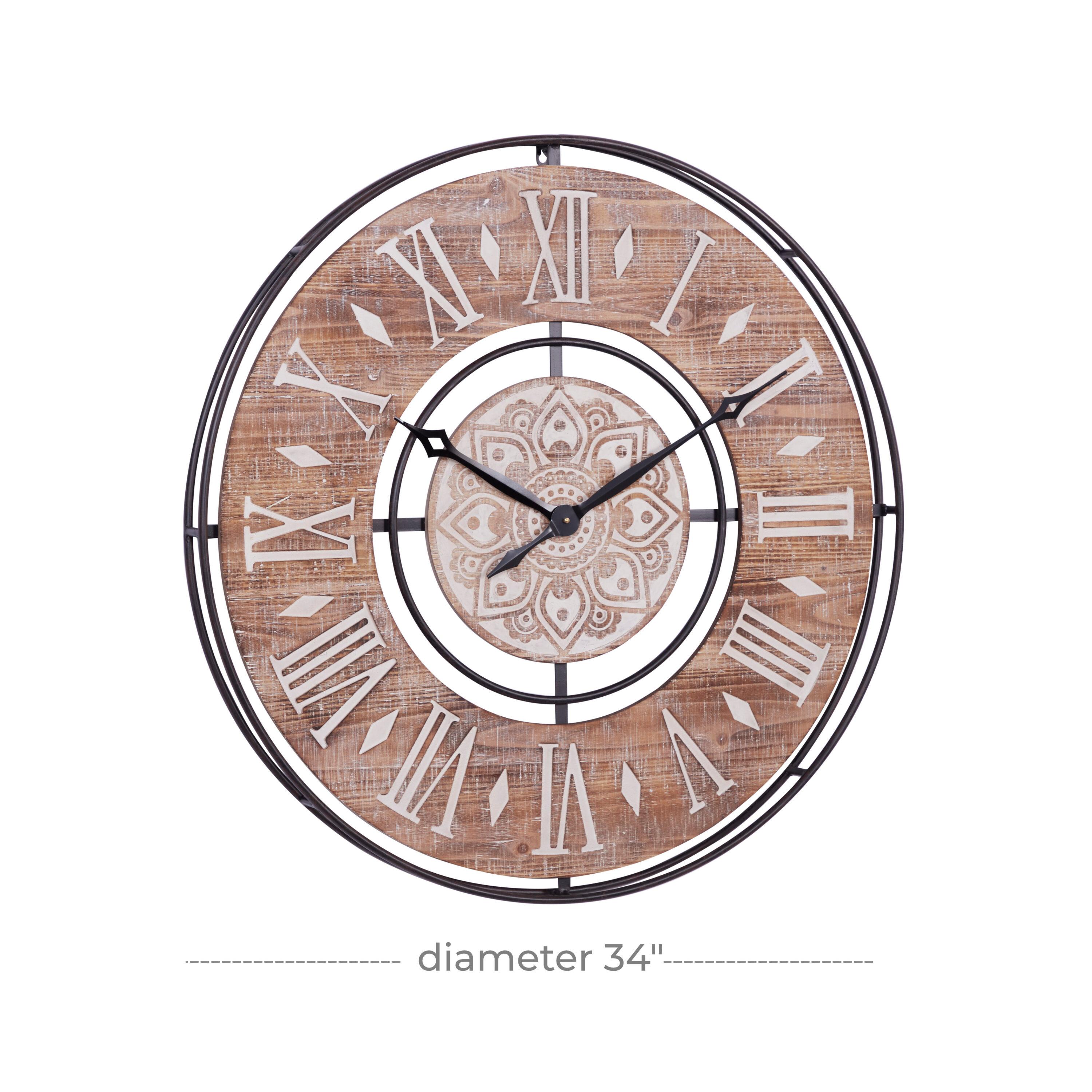 DecMode 34" Brown Metal Floral Wall Clock with Wood Accents