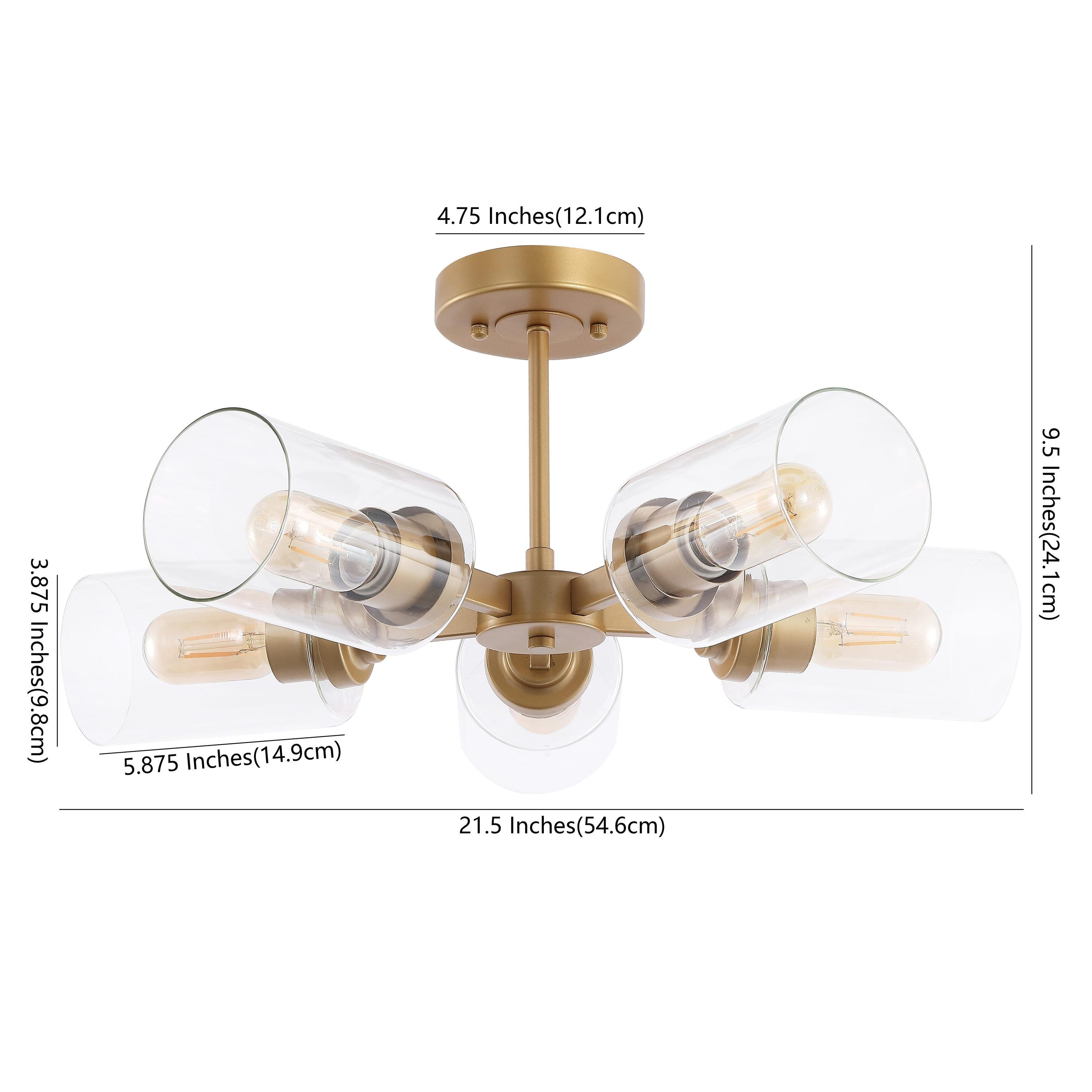 Jaynie 21.5" 5-Light Farmhouse Industrial Iron Cylinder LED Semi Flush Mount, Brass Gold/Clear