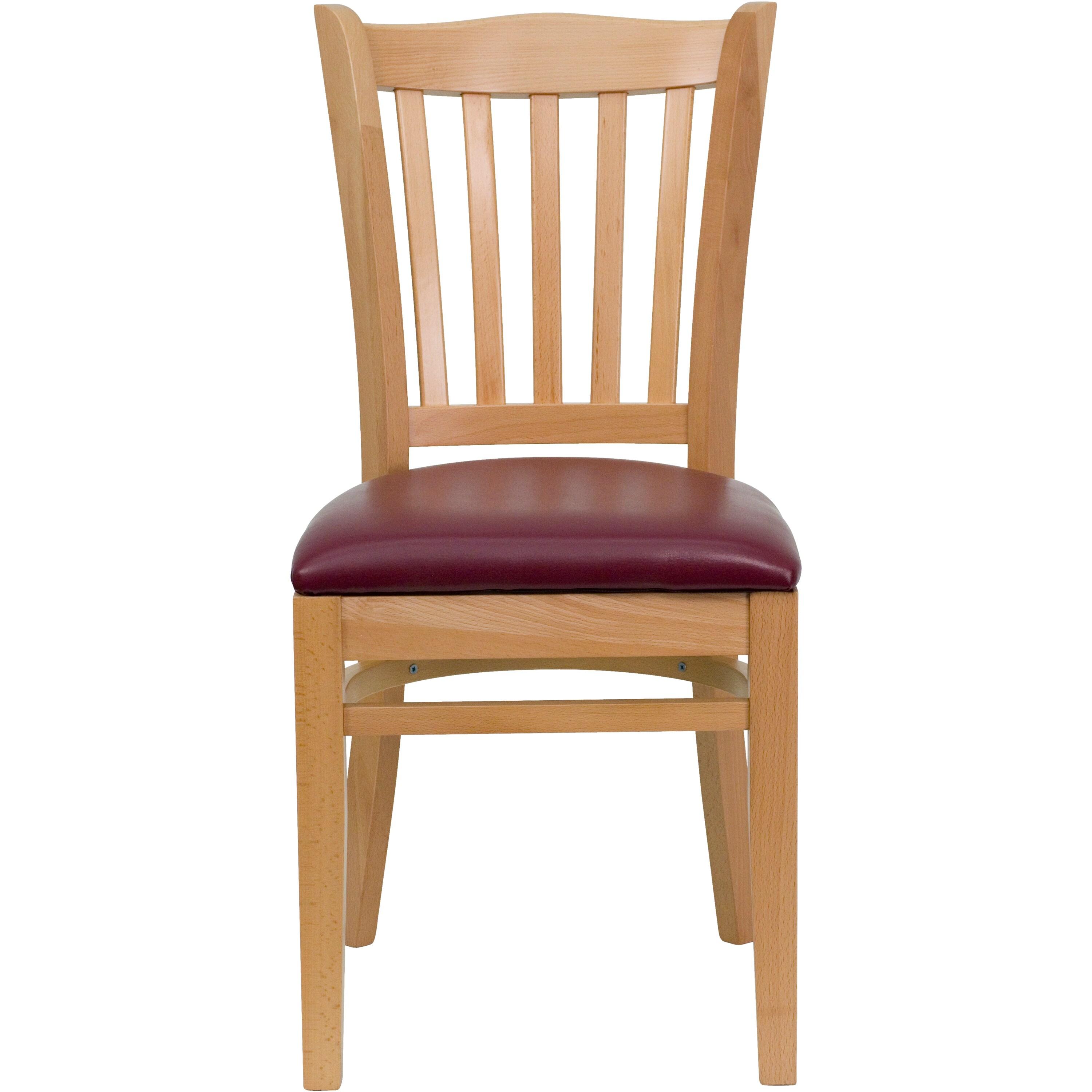 Flash Furniture HERCULES Series Vertical Slat Back Natural Wood Restaurant Chair - Burgundy Vinyl Seat