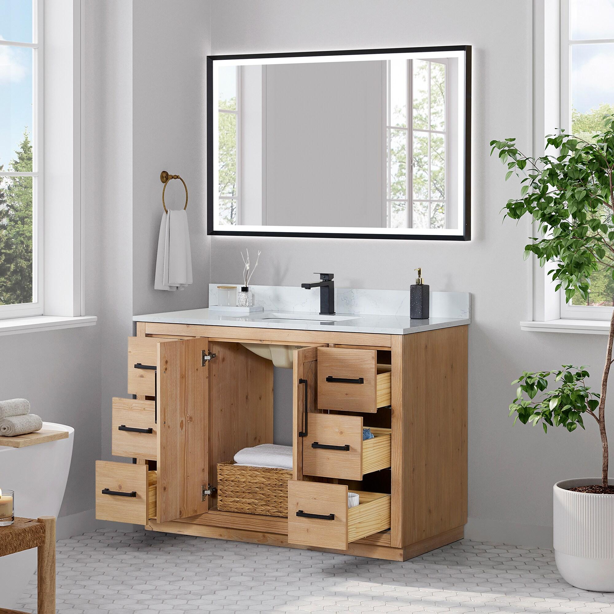 Anais 48" Wood Vanity in Light Brown with White Composite Stone Top with Mirror