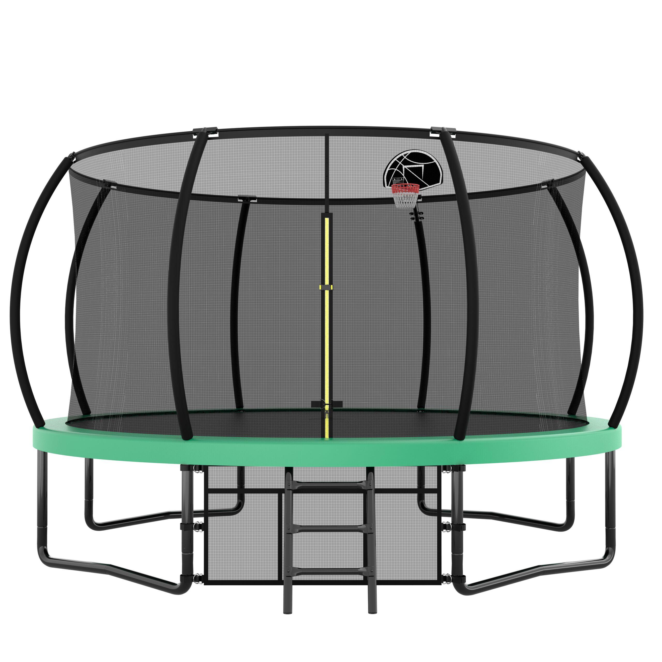 12FT Round Trampoline with Basketball Hoop for Kids, Outdoor Recreational Trampolines with Safety Enclosure Net & Ladder, 880 LBS Weight Capacity, Green