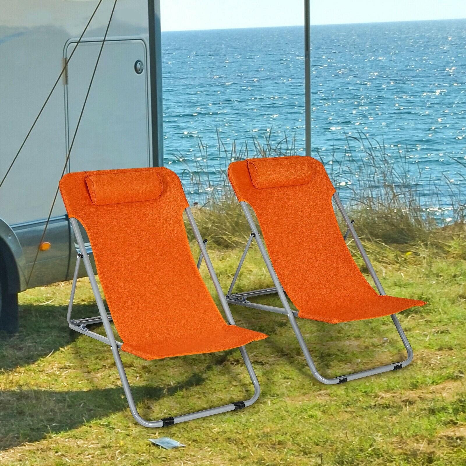 Tangkula 2 PCS Beach Chair Lounger Reclining Folding Chair w/3-Position Adjustable Backrest Orange