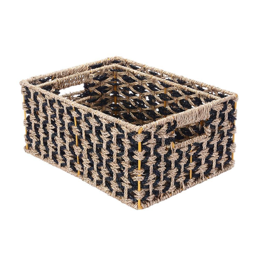 Villacera Rectangle Hand Weaved Wicker Baskets made of Water Hyacinth - Set of 2 Nesting Black and Natural Seagrass Bins