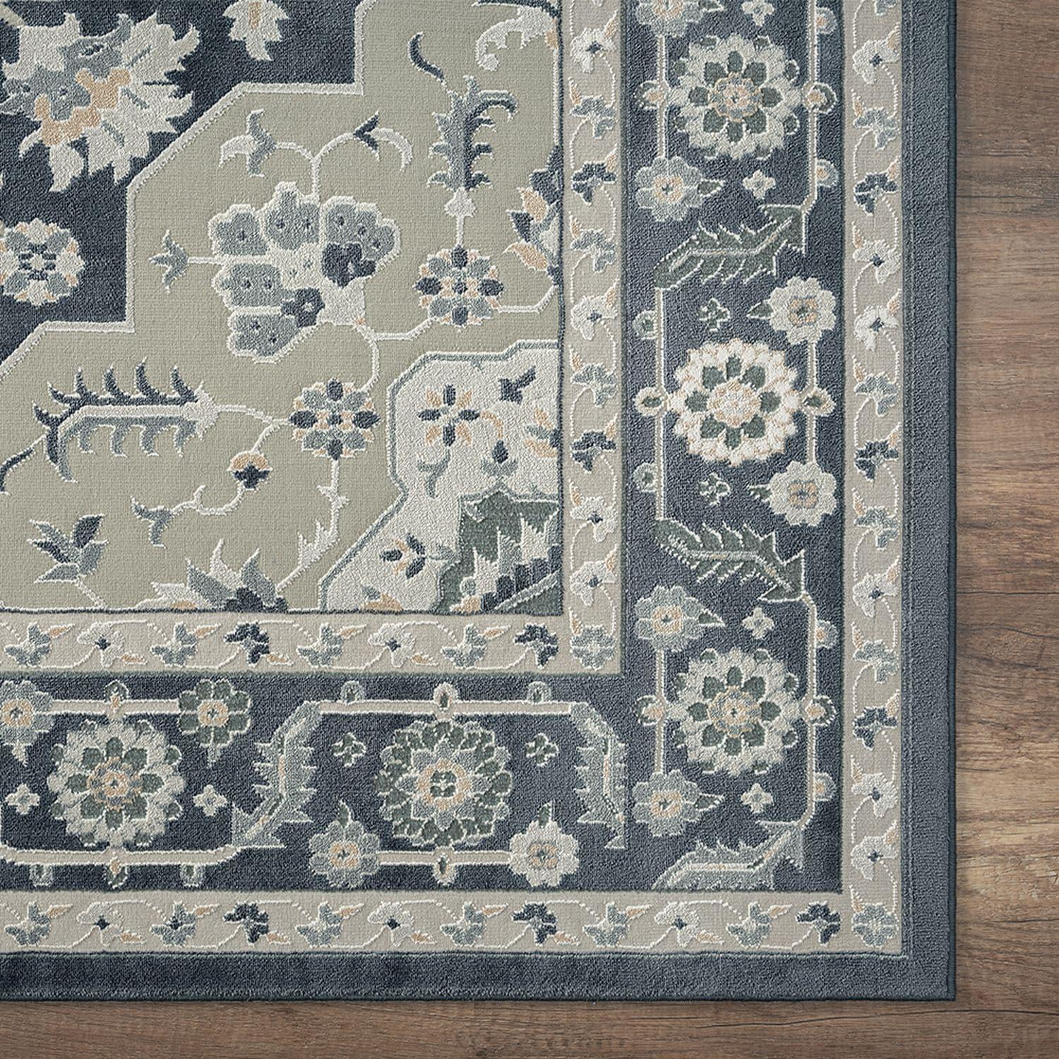 LR Home Imara Kate Navy/Light Gray Traditional Floral Polyester Area Rug, 5'3" x 7'6"