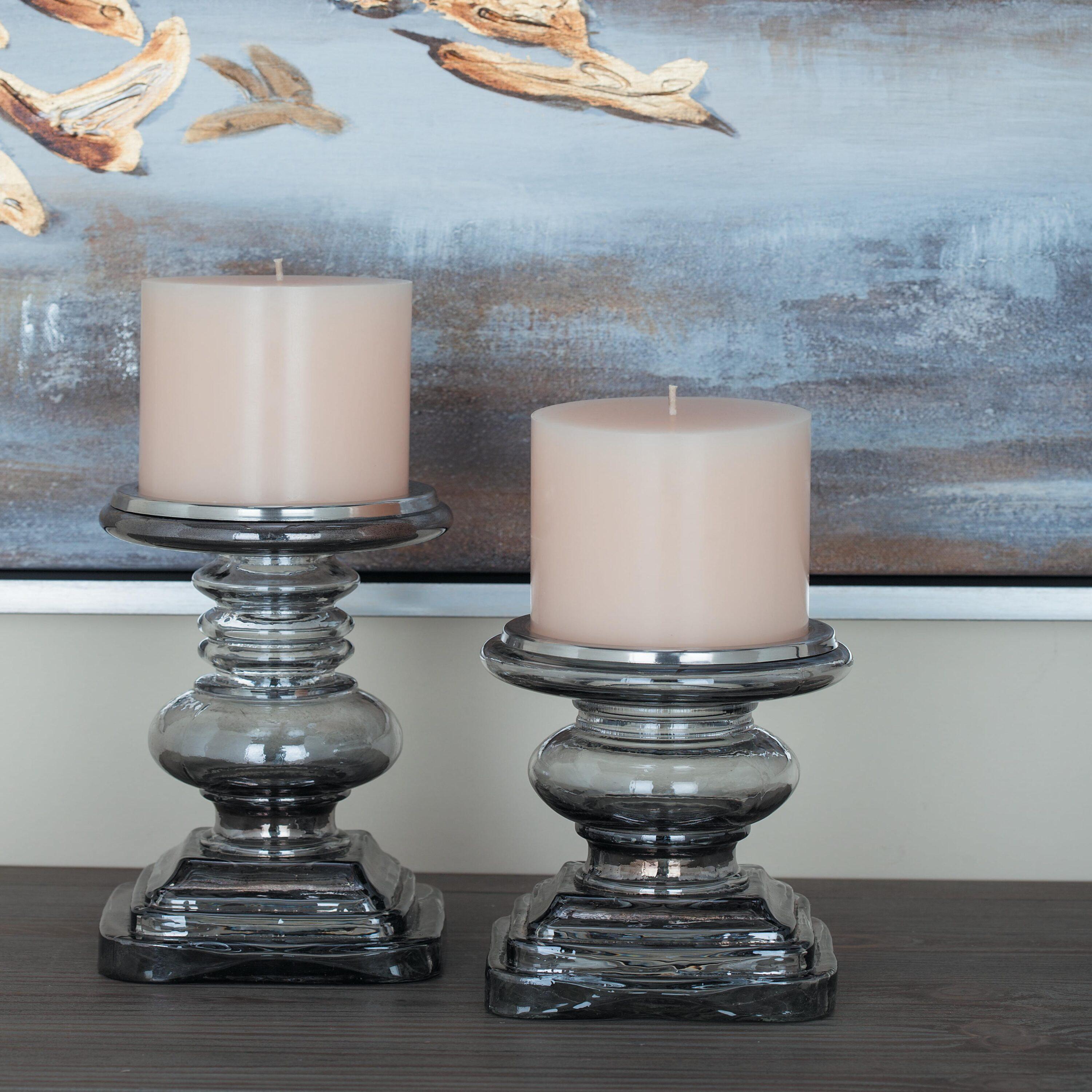 DecMode 2 Candle Silver Glass Handmade Turned Style Pillar Candle Holder, Set of 2