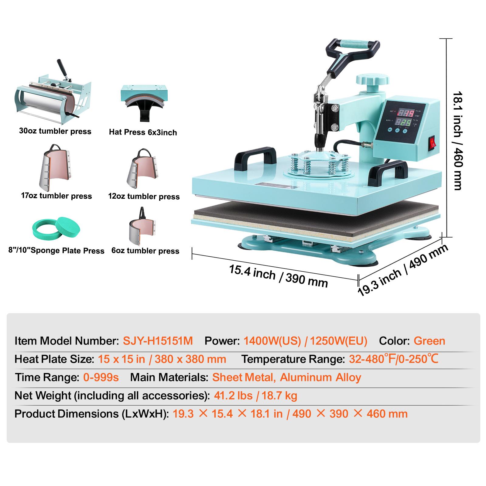 Light Green 8-in-1 Heat Press with Tumbler and Hat Attachments