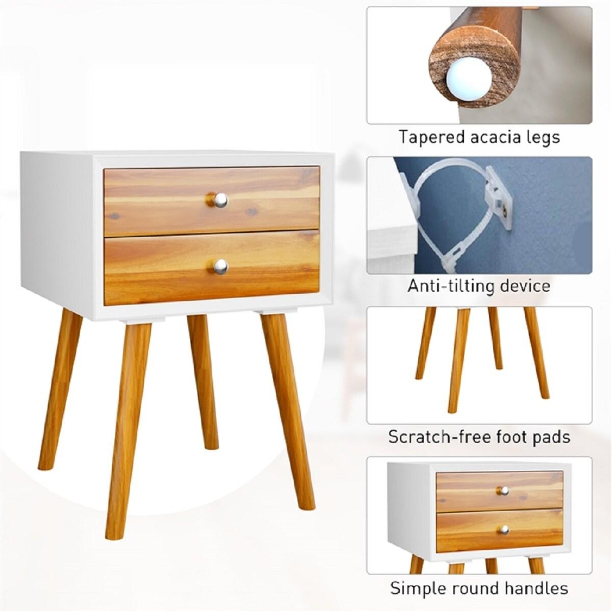 Giantex Mid Century Modern Nightstand, Wooden Bedside Tables w/ 2 Storage Drawers & Solid Wood Legs, Practical End Side Table for Living Room Bedroom, White & Walnut